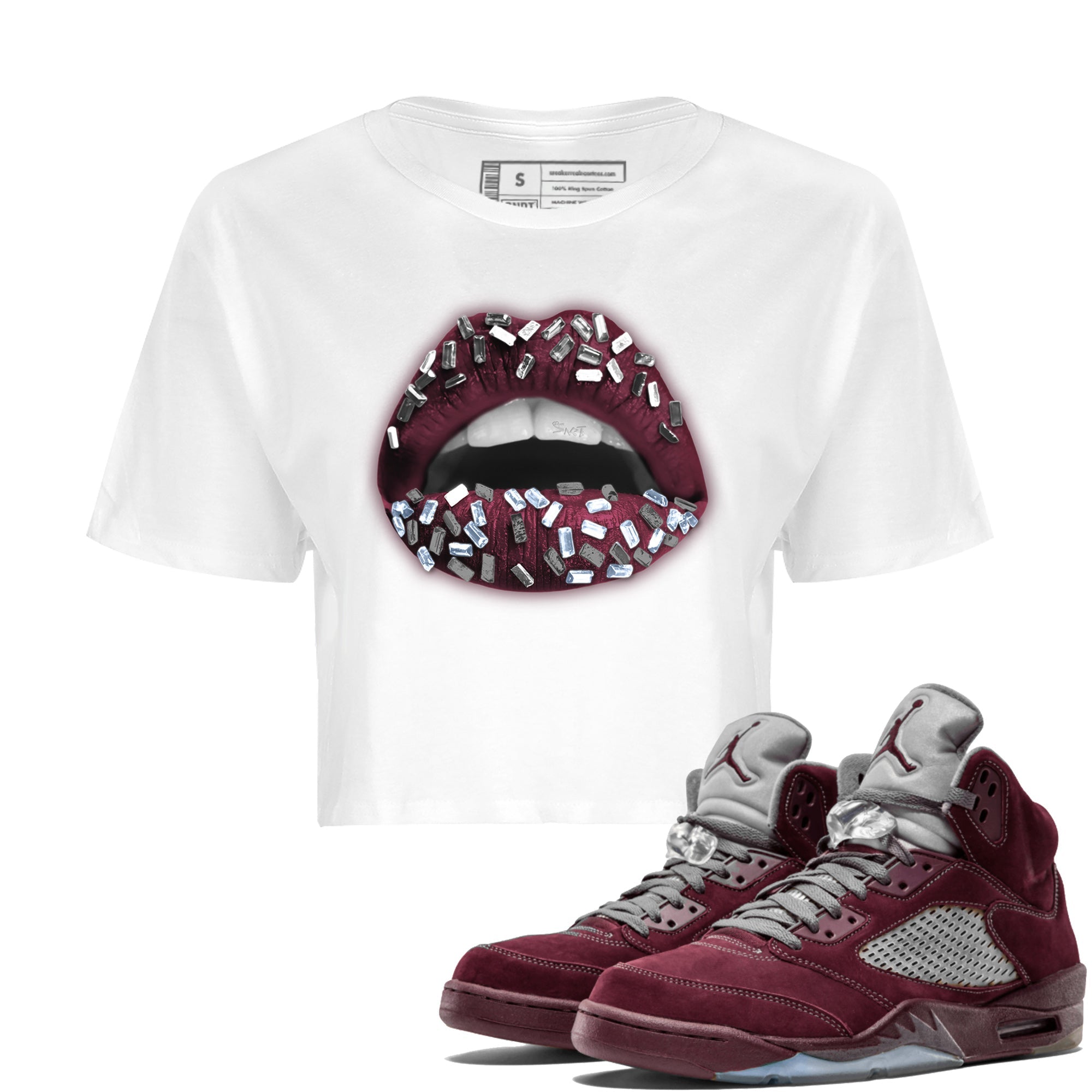Air Jordan 5 Burgundy Sneaker Match Tees Lips Jewel Streetwear Sneaker Shirt AJ5 Burgundy Sneaker Release Tees Women's Shirts White 1