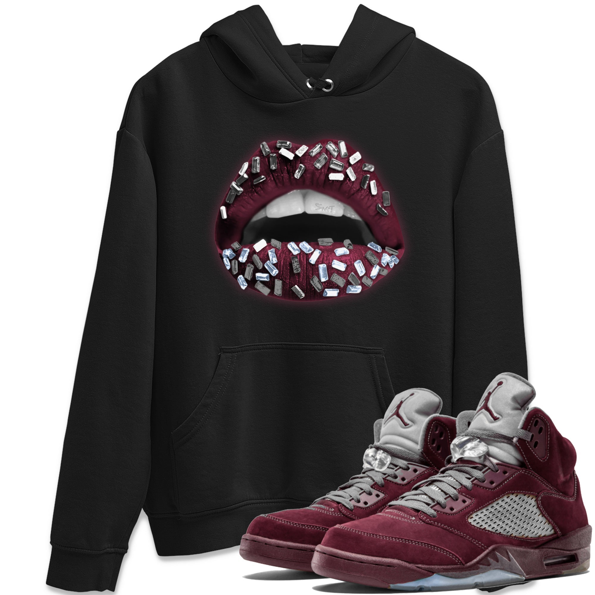 Air Jordan 5 Burgundy Sneaker Match Tees Lips Jewel Streetwear Sneaker Shirt AJ5 Burgundy Sneaker Release Tees Unisex Shirts Black 1