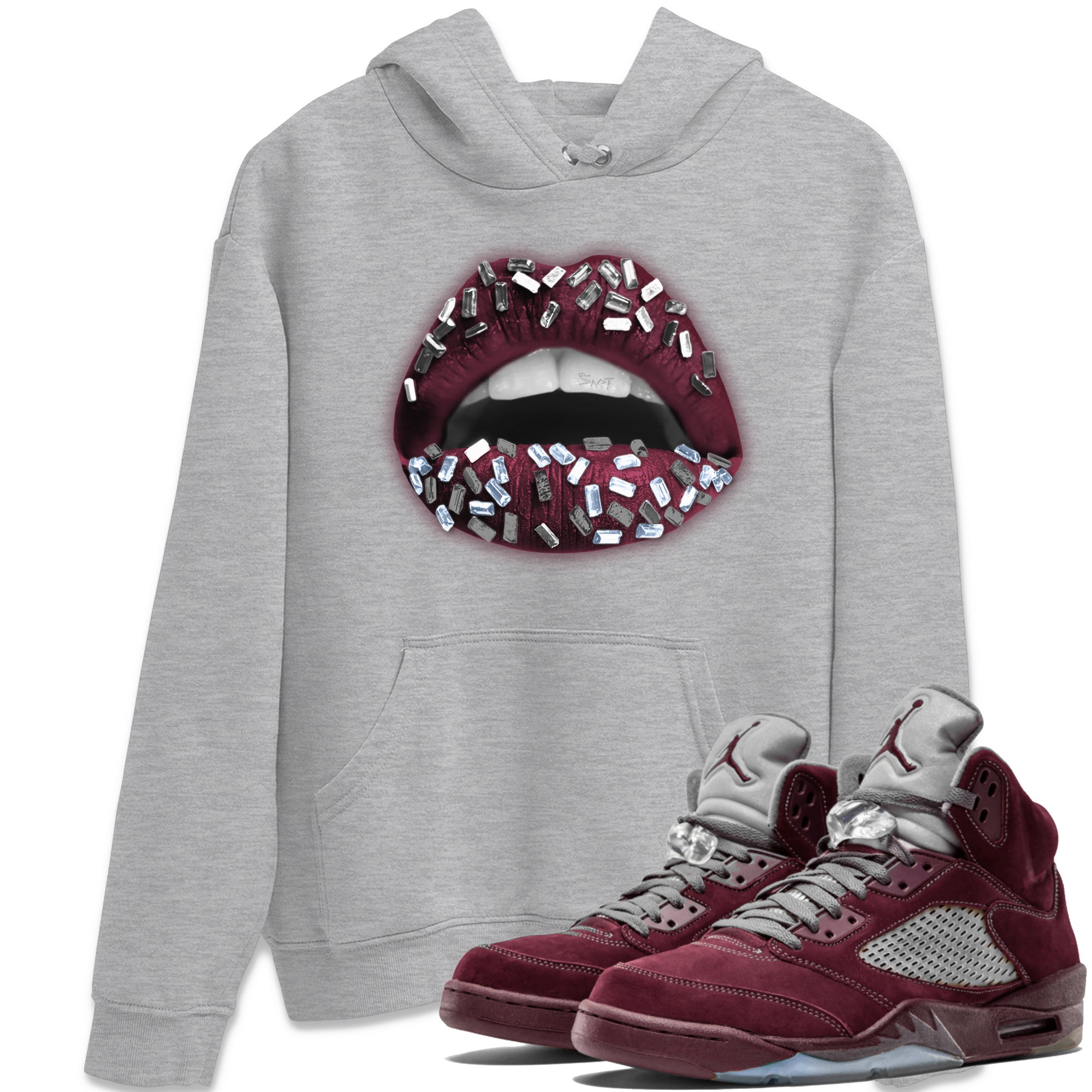 Air Jordan 5 Burgundy Sneaker Match Tees Lips Jewel Streetwear Sneaker Shirt AJ5 Burgundy Sneaker Release Tees Unisex Shirts Heather Grey 1