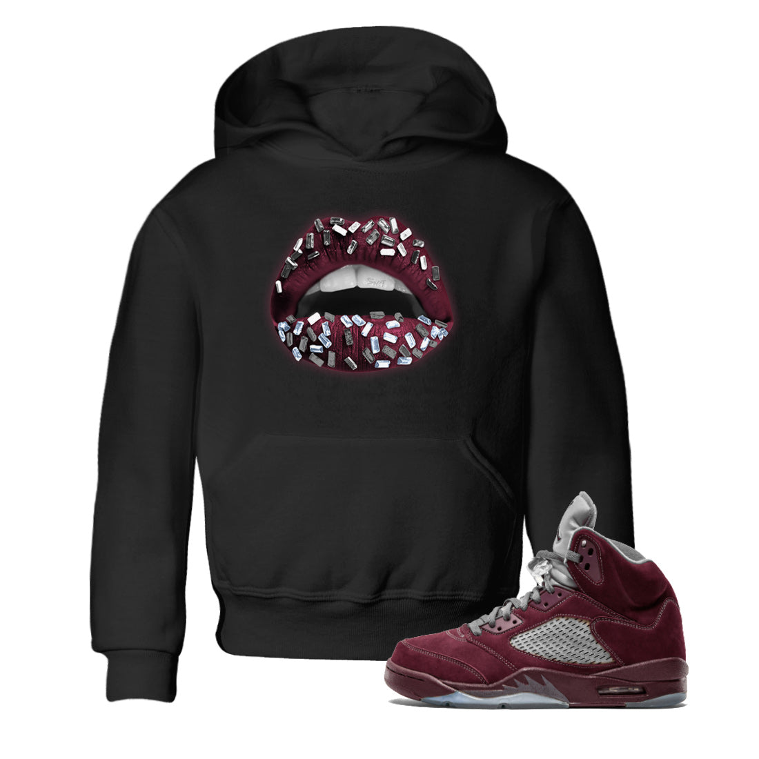 Air Jordan 5 Burgundy Sneaker Match Tees Lips Jewel Streetwear Sneaker Shirt AJ5 Burgundy Sneaker Release Tees Kids Shirts Black 1