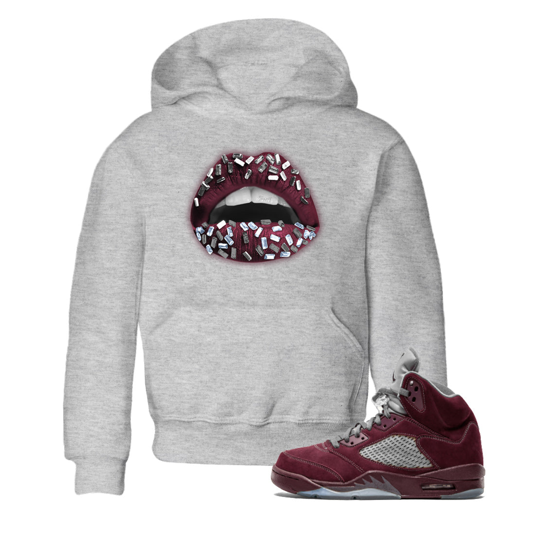 Air Jordan 5 Burgundy Sneaker Match Tees Lips Jewel Streetwear Sneaker Shirt AJ5 Burgundy Sneaker Release Tees Kids Shirts Heather Grey 1
