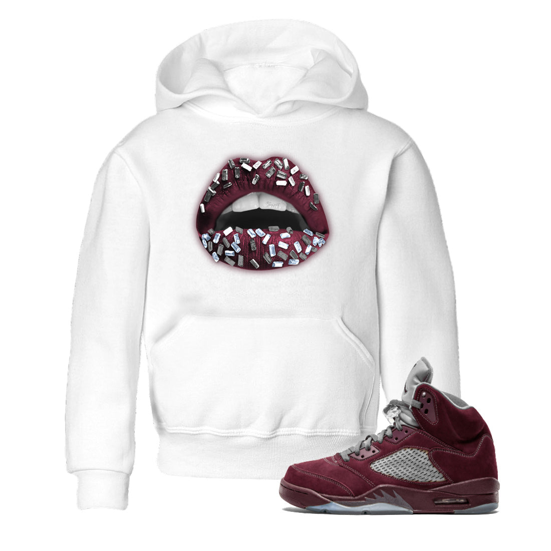 Air Jordan 5 Burgundy Sneaker Match Tees Lips Jewel Streetwear Sneaker Shirt AJ5 Burgundy Sneaker Release Tees Kids Shirts White 1