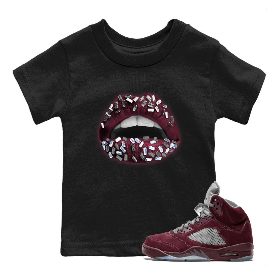 Air Jordan 5 Burgundy Sneaker Match Tees Lips Jewel Streetwear Sneaker Shirt AJ5 Burgundy Sneaker Release Tees Kids Shirts Black 1