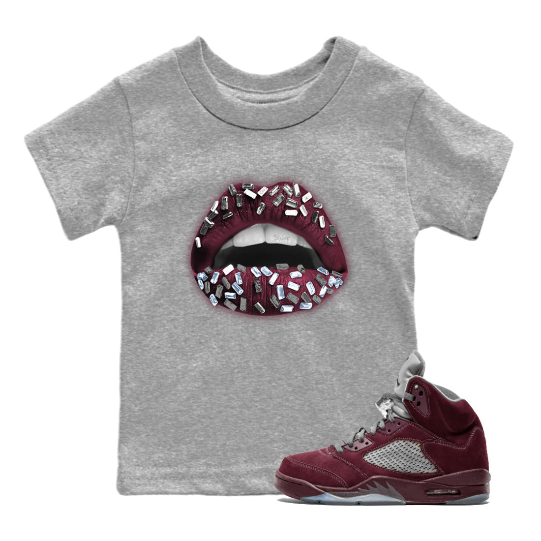 Air Jordan 5 Burgundy Sneaker Match Tees Lips Jewel Streetwear Sneaker Shirt AJ5 Burgundy Sneaker Release Tees Kids Shirts Heather Grey 1