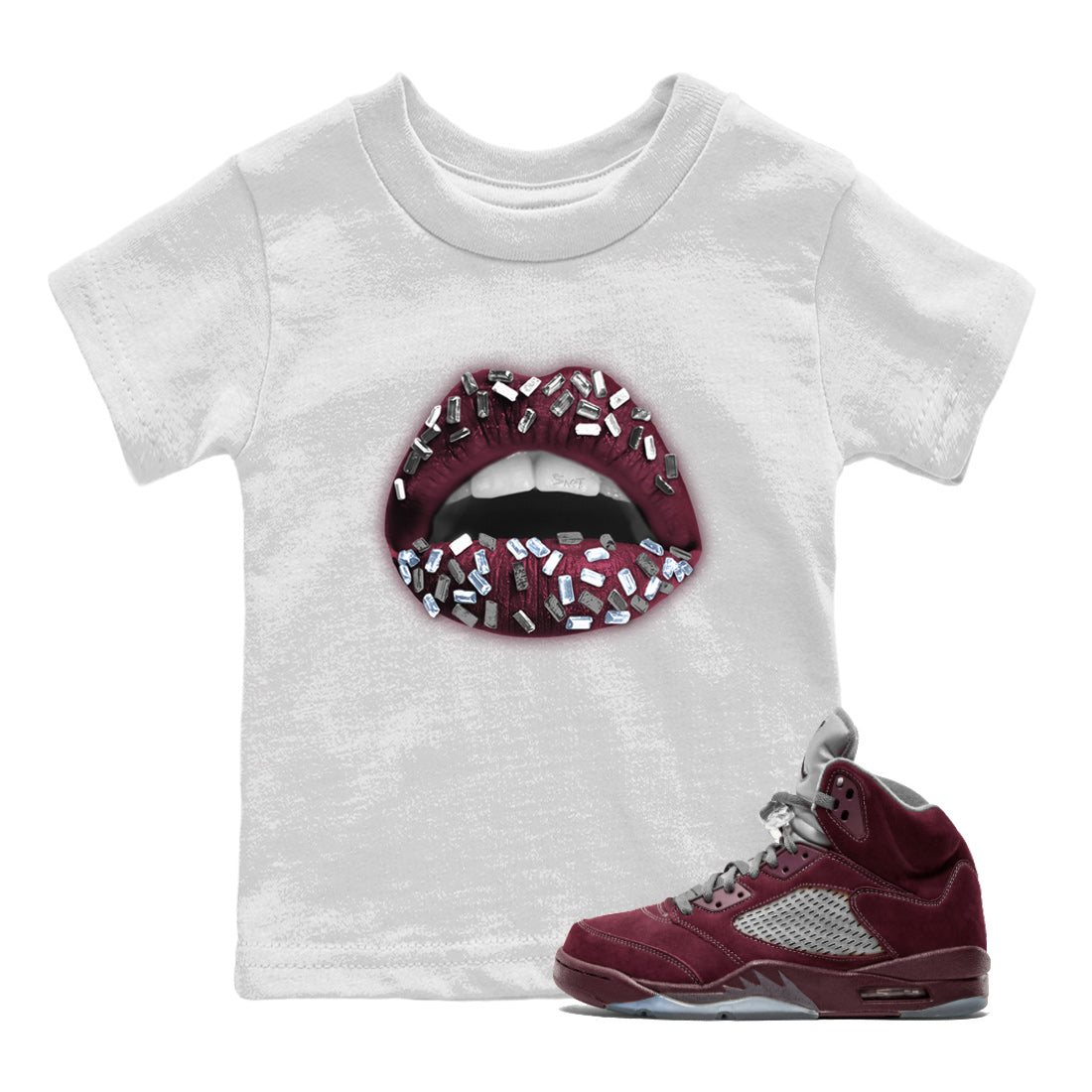 Air Jordan 5 Burgundy Sneaker Match Tees Lips Jewel Streetwear Sneaker Shirt AJ5 Burgundy Sneaker Release Tees Kids Shirts White 1