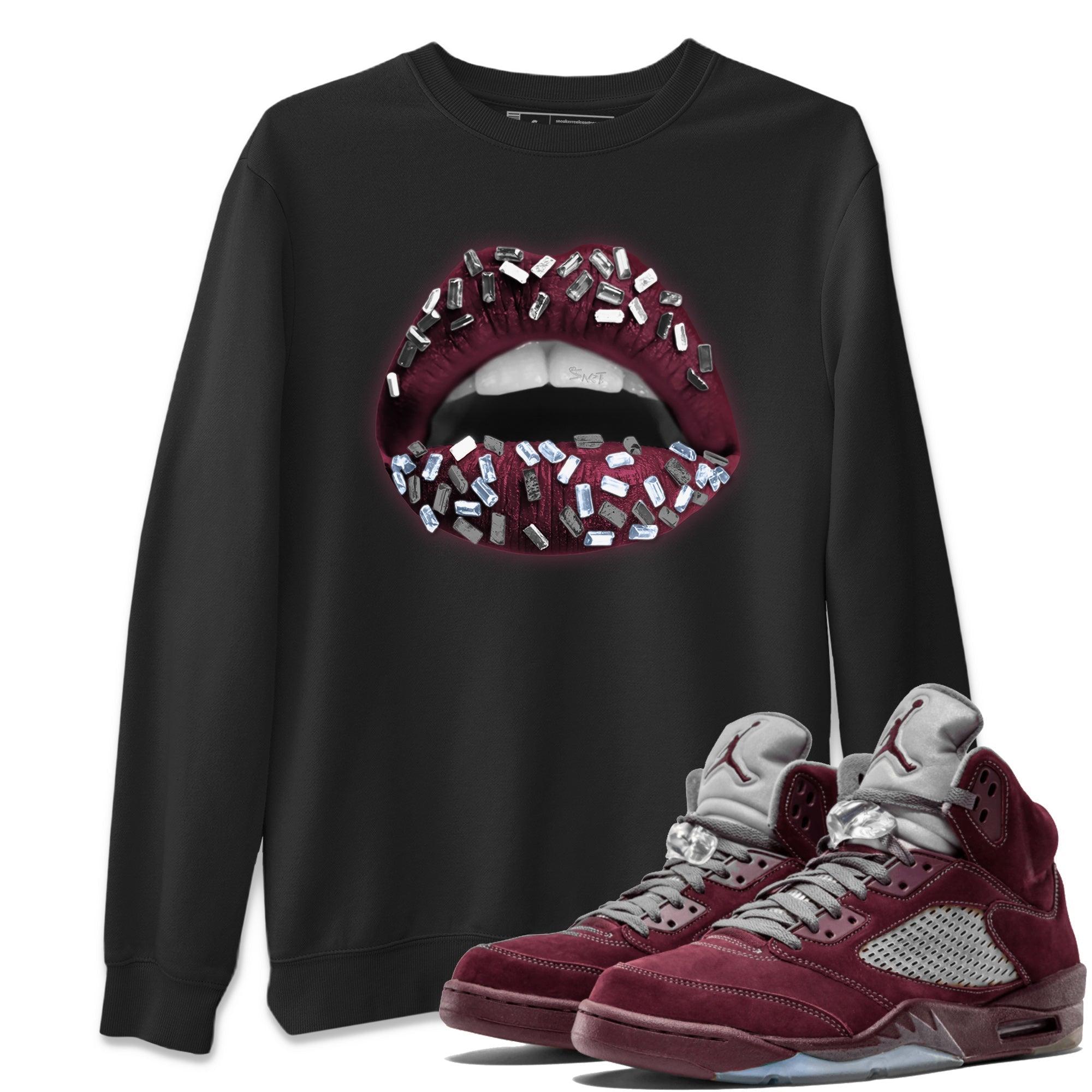 Air Jordan 5 Burgundy Sneaker Match Tees Lips Jewel Streetwear Sneaker Shirt AJ5 Burgundy Sneaker Release Tees Unisex Shirts Black 1