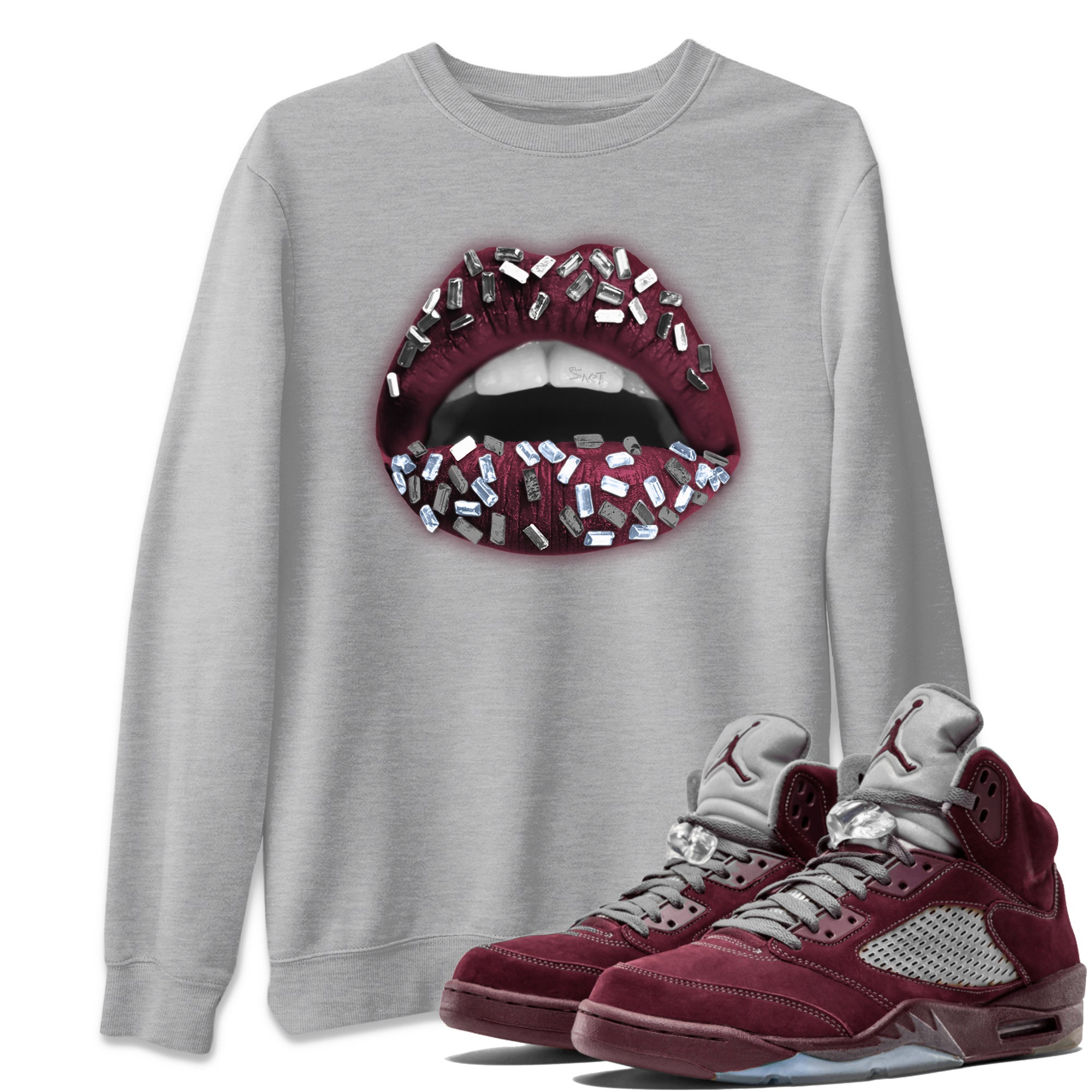 Air Jordan 5 Burgundy Sneaker Match Tees Lips Jewel Streetwear Sneaker Shirt AJ5 Burgundy Sneaker Release Tees Unisex Shirts Heather Grey 1