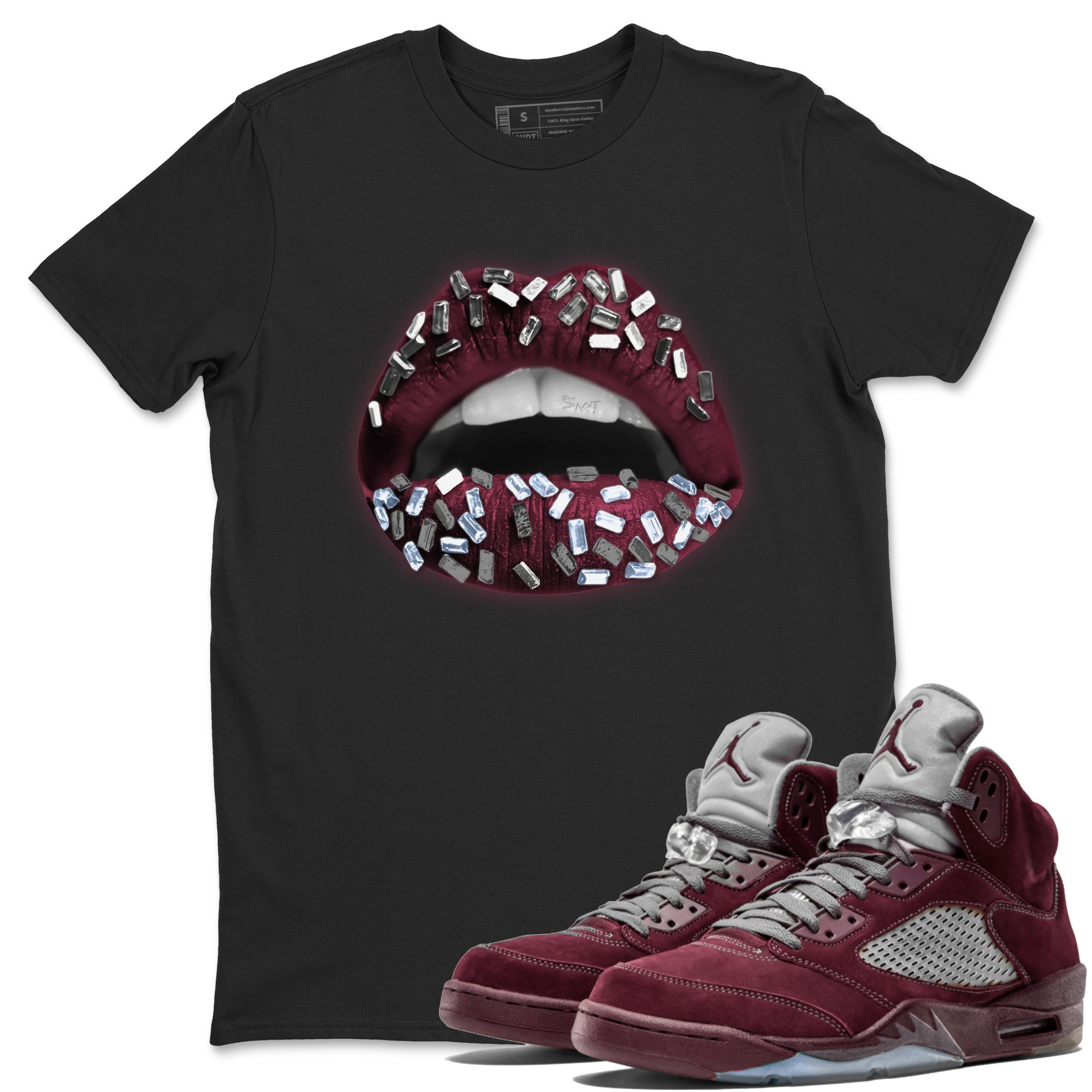 Air Jordan 5 Burgundy Sneaker Match Tees Lips Jewel Streetwear Sneaker Shirt AJ5 Burgundy Sneaker Release Tees Unisex Shirts Black 1