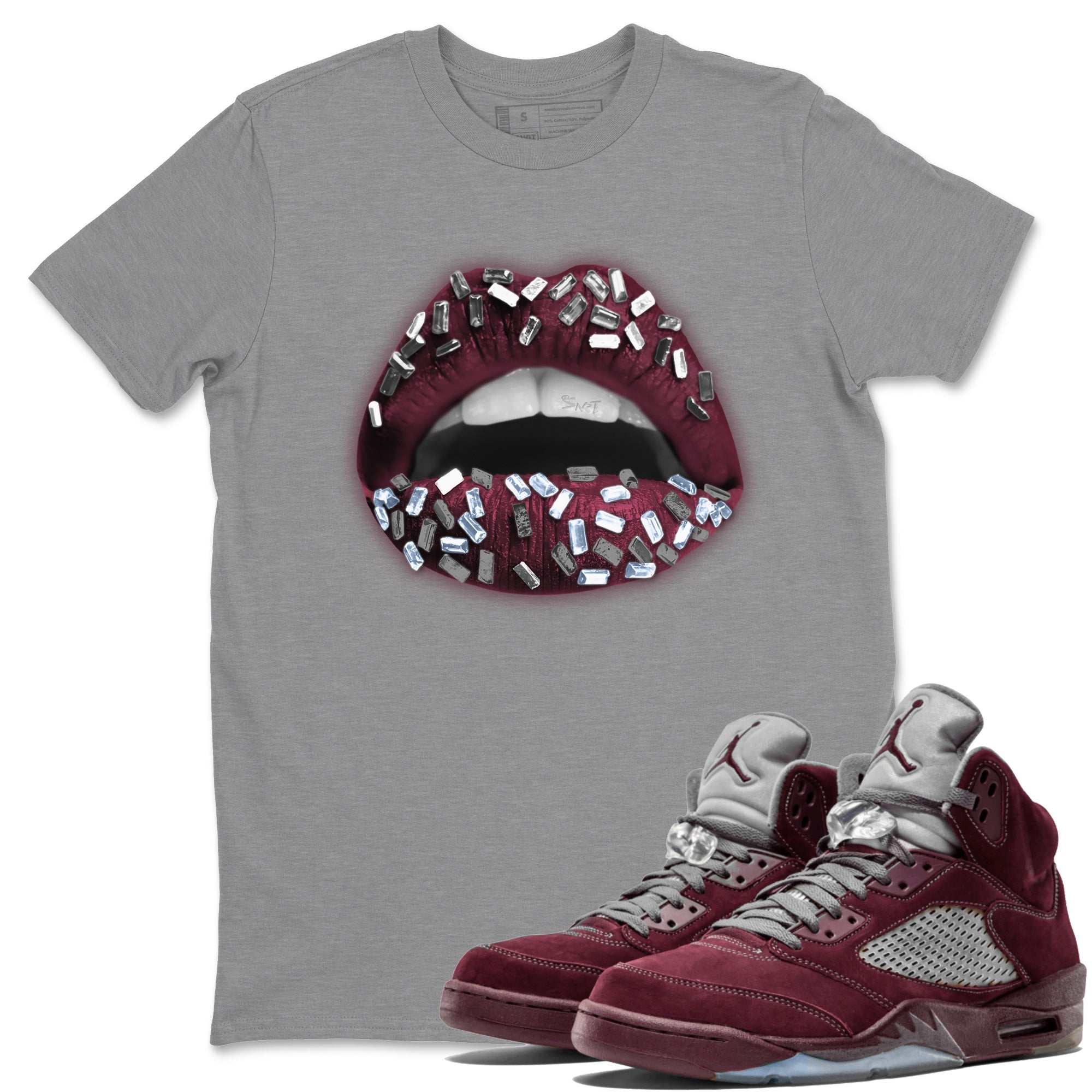 Air Jordan 5 Burgundy Sneaker Match Tees Lips Jewel Streetwear Sneaker Shirt AJ5 Burgundy Sneaker Release Tees Unisex Shirts Heather Grey 1