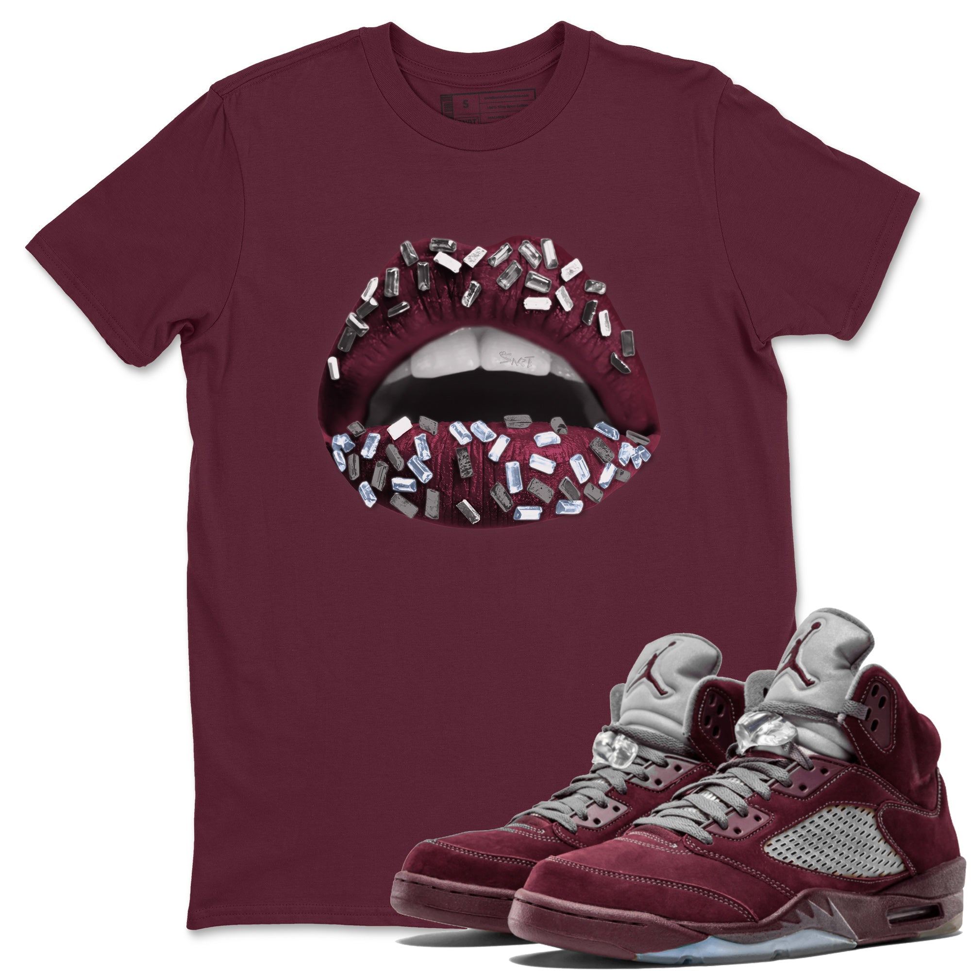 Air Jordan 5 Burgundy Sneaker Match Tees Lips Jewel Streetwear Sneaker Shirt AJ5 Burgundy Sneaker Release Tees Unisex Shirts Maroon 1