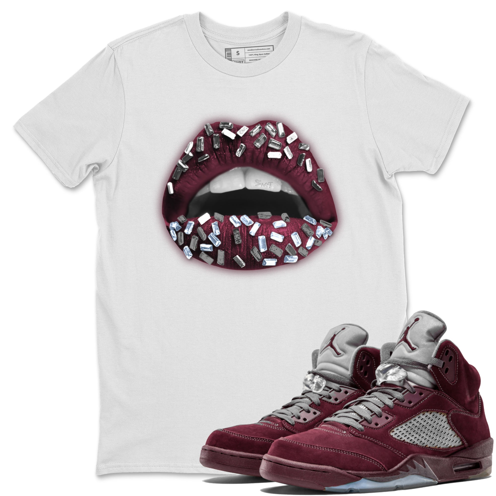 Air Jordan 5 Burgundy Sneaker Match Tees Lips Jewel Streetwear Sneaker Shirt AJ5 Burgundy Sneaker Release Tees Unisex Shirts White 1