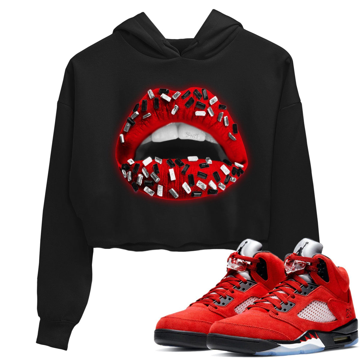 Jordan 5 Raging Bull Sneaker Matching T-Shirt Lips Jewel Sneaker Tees Jordan 5 Raging Bull Sneaker Release Tees Women's Shirts