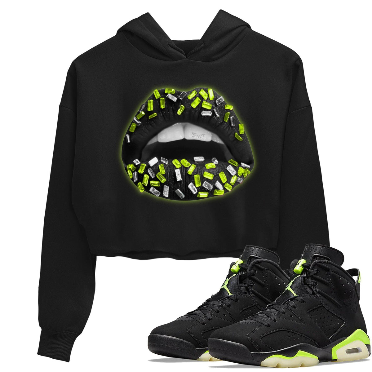 Jordan 6 Electric Green Sneaker Matching T-Shirt Lips Jewel Sneaker Tees Jordan 6 Electric Green Sneaker Release Tees Women's Shirts