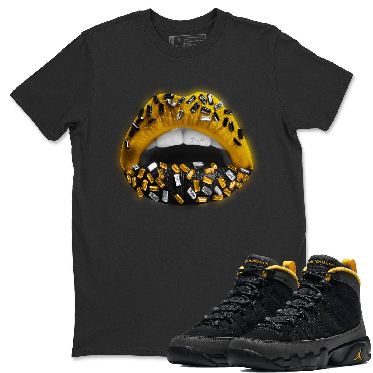 Jordan 9 University Gold Shirt To Match Jordans Lips Jewel Sneaker Tees Jordan 9 University Gold Drip Gear Zone Sneaker Matching Clothing Unisex Shirts
