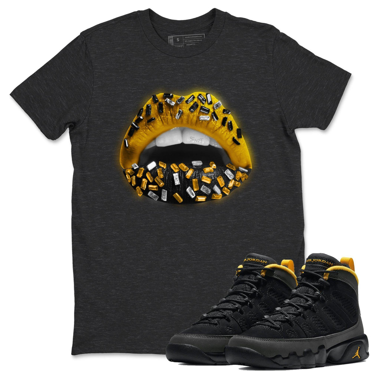 Jordan 9 University Gold Shirt To Match Jordans Lips Jewel Sneaker Tees Jordan 9 University Gold Drip Gear Zone Sneaker Matching Clothing Unisex Shirts