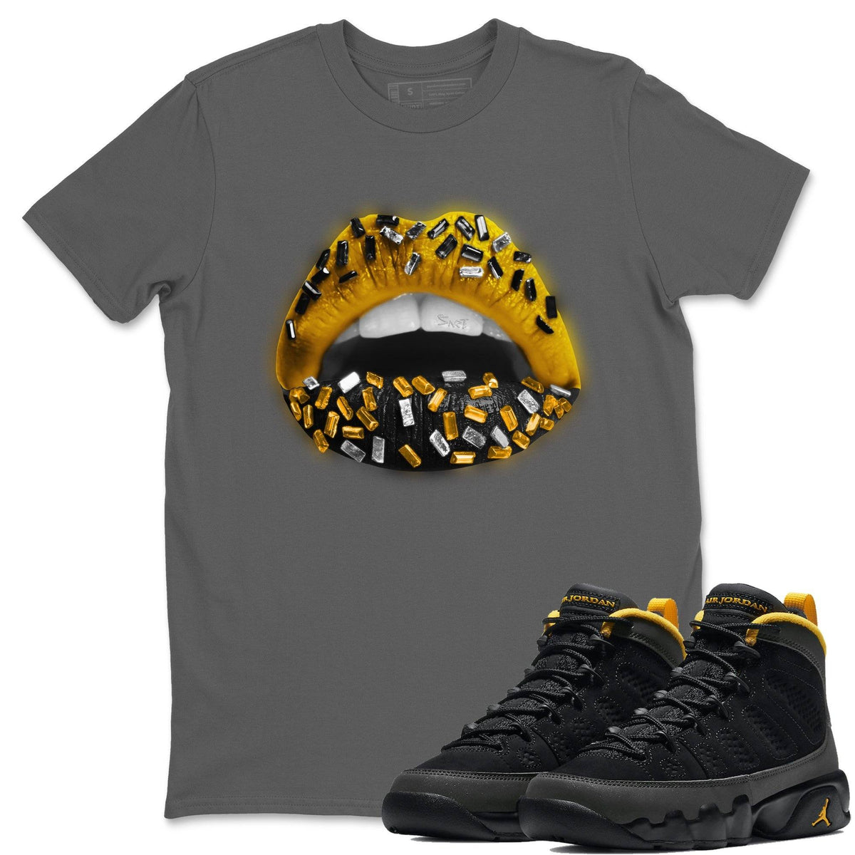 Jordan 9 University Gold Shirt To Match Jordans Lips Jewel Sneaker Tees Jordan 9 University Gold Drip Gear Zone Sneaker Matching Clothing Unisex Shirts