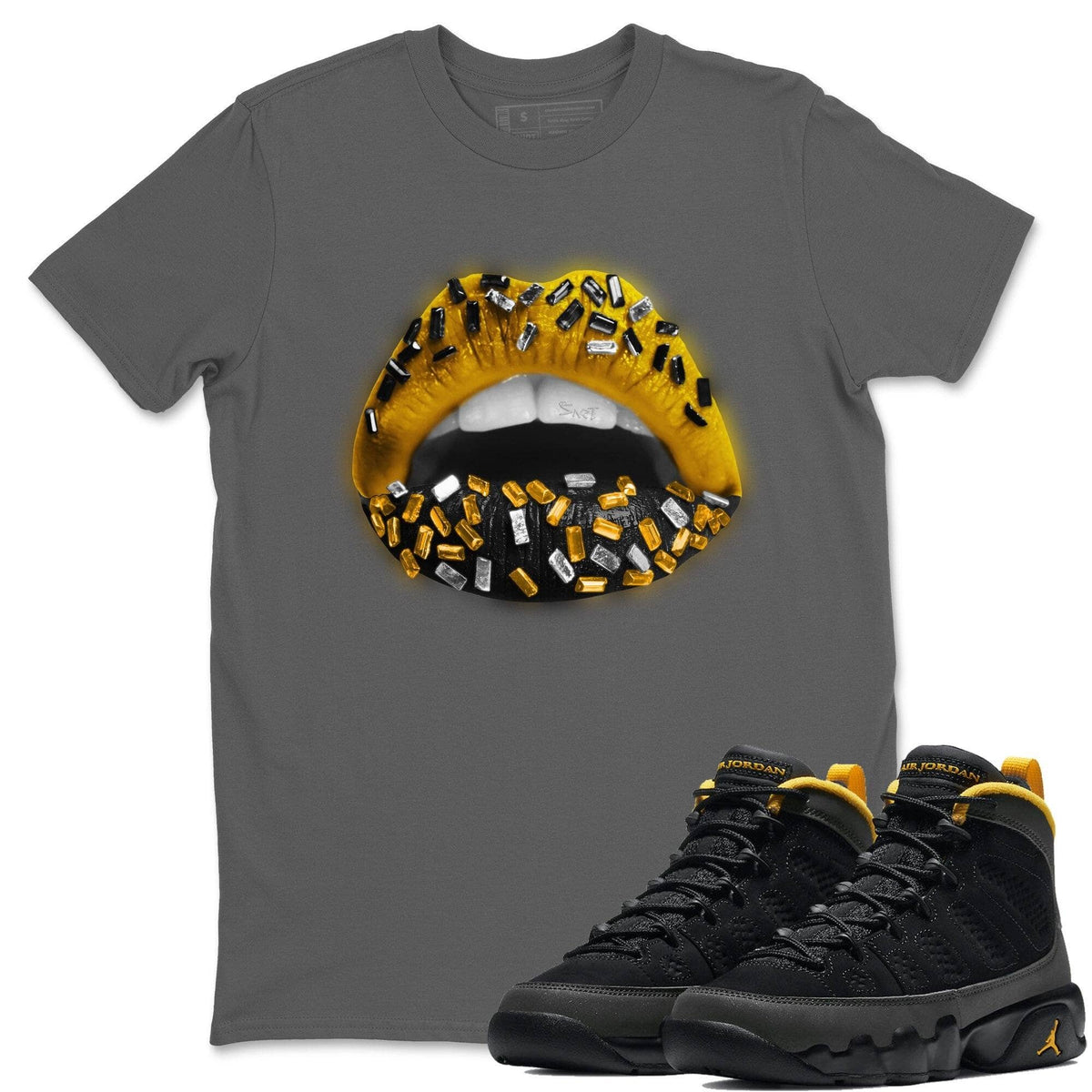 Jordan 9 University Gold Shirt To Match Jordans Lips Jewel Sneaker Tees Jordan 9 University Gold Drip Gear Zone Sneaker Matching Clothing Unisex Shirts