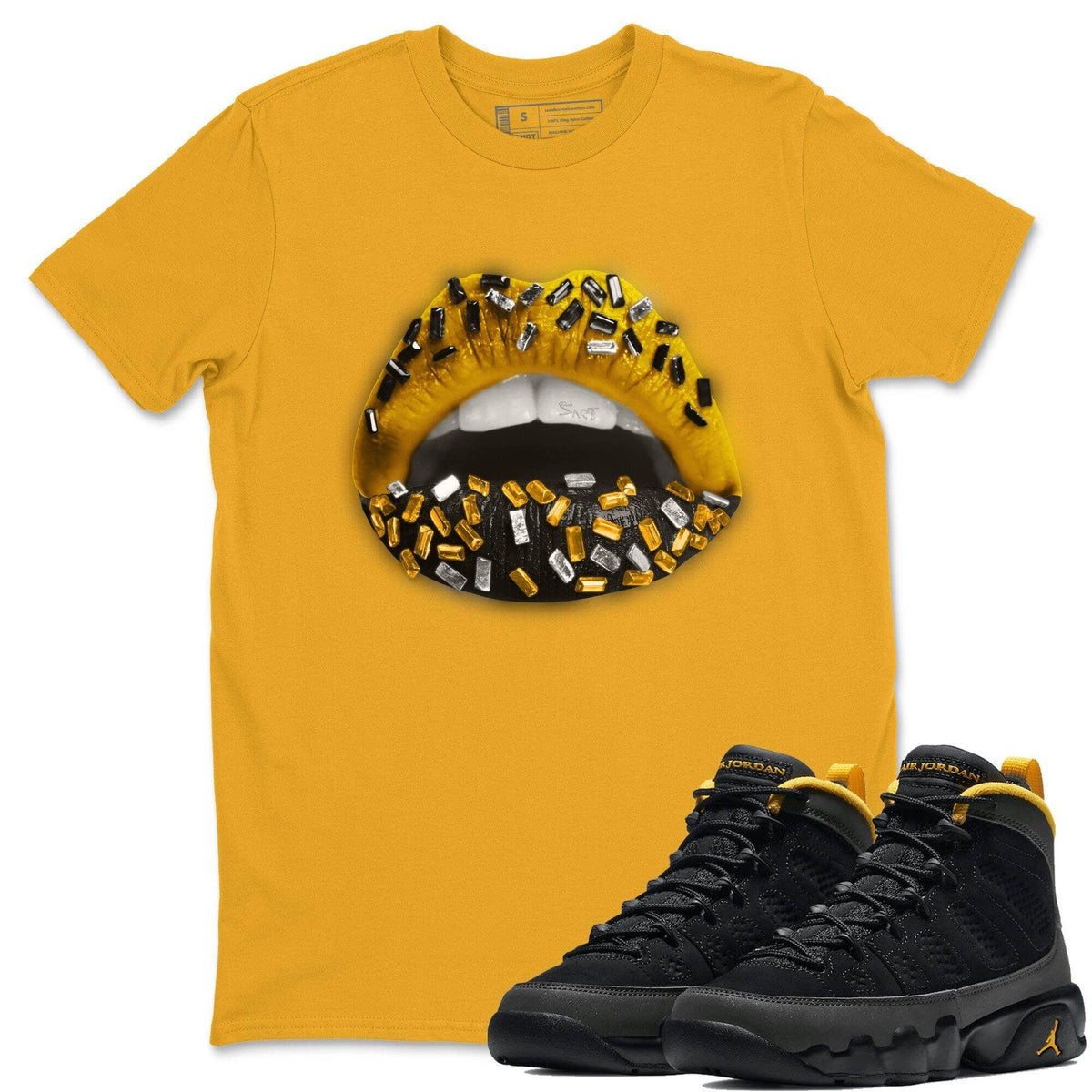 Jordan 9 University Gold Shirt To Match Jordans Lips Jewel Sneaker Tees Jordan 9 University Gold Drip Gear Zone Sneaker Matching Clothing Unisex Shirts
