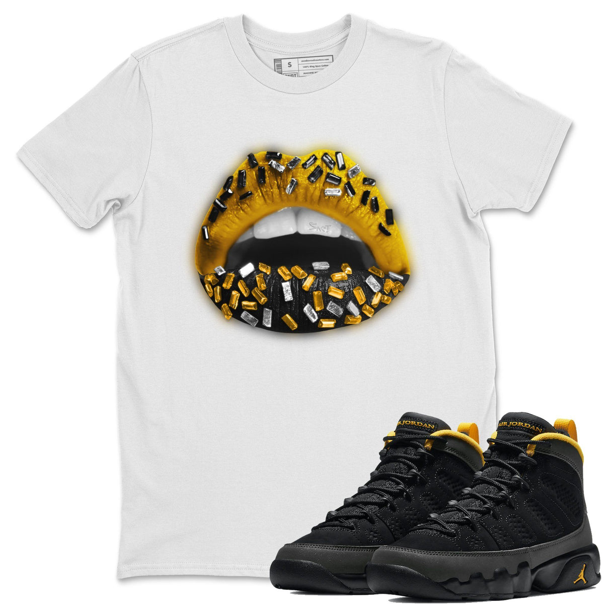 Jordan 9 University Gold Shirt To Match Jordans Lips Jewel Sneaker Tees Jordan 9 University Gold Drip Gear Zone Sneaker Matching Clothing Unisex Shirts