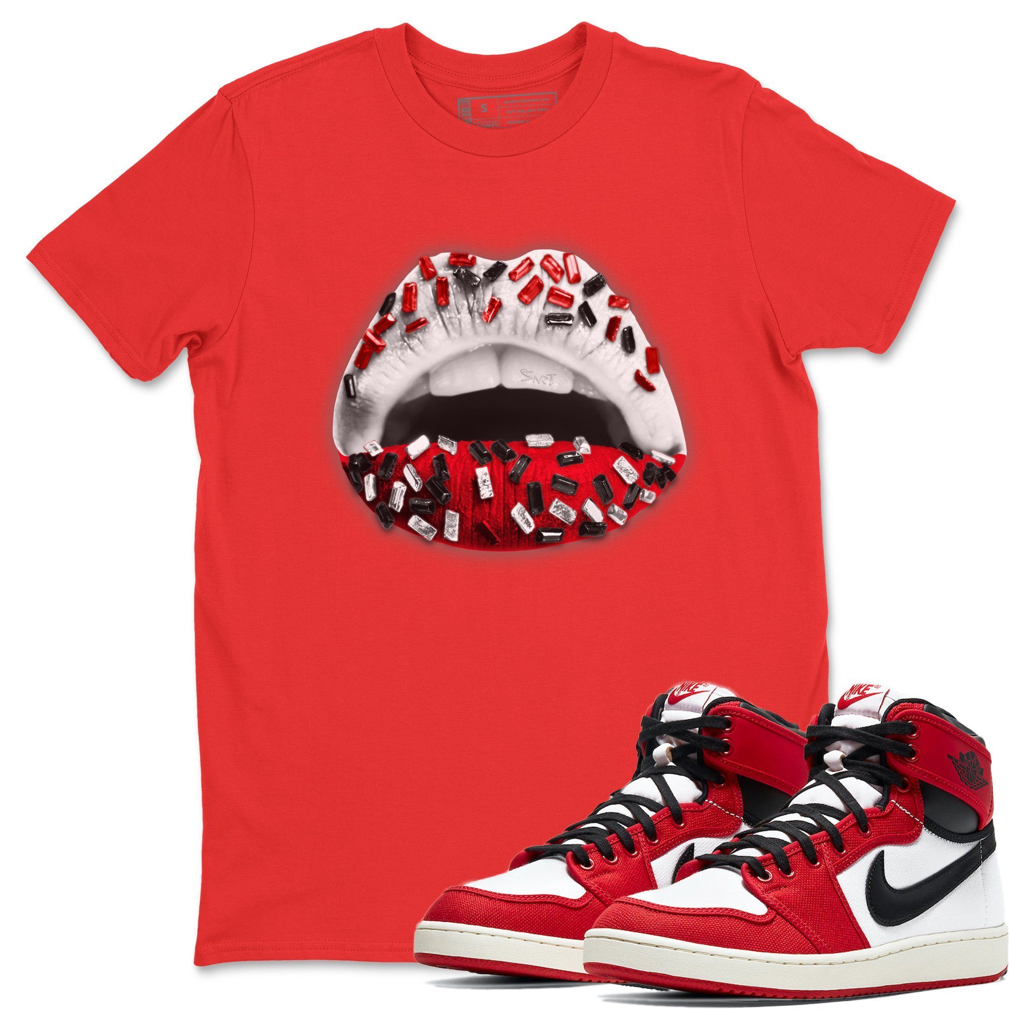 Jordan 1 Chicago Sneaker Matching T-Shirt Lips Jewel Sneaker Tees Jordan 1 Chicago Sneaker Release Tees Crew Neck Tees
