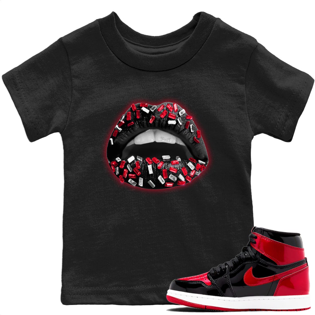 Jordan 1 Bred Patent Sneaker Matching T-Shirt Lips Jewel Sneaker Tees Jordan 1 Bred Patent Sneaker Release Tees Kids Shirts