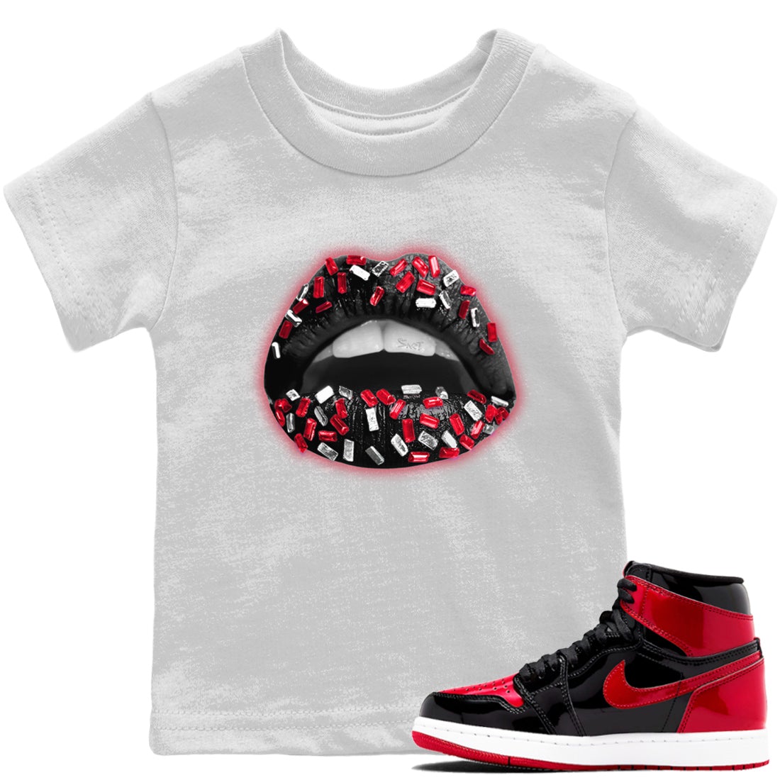 Jordan 1 Bred Patent Sneaker Matching T-Shirt Lips Jewel Sneaker Tees Jordan 1 Bred Patent Sneaker Release Tees Kids Shirts