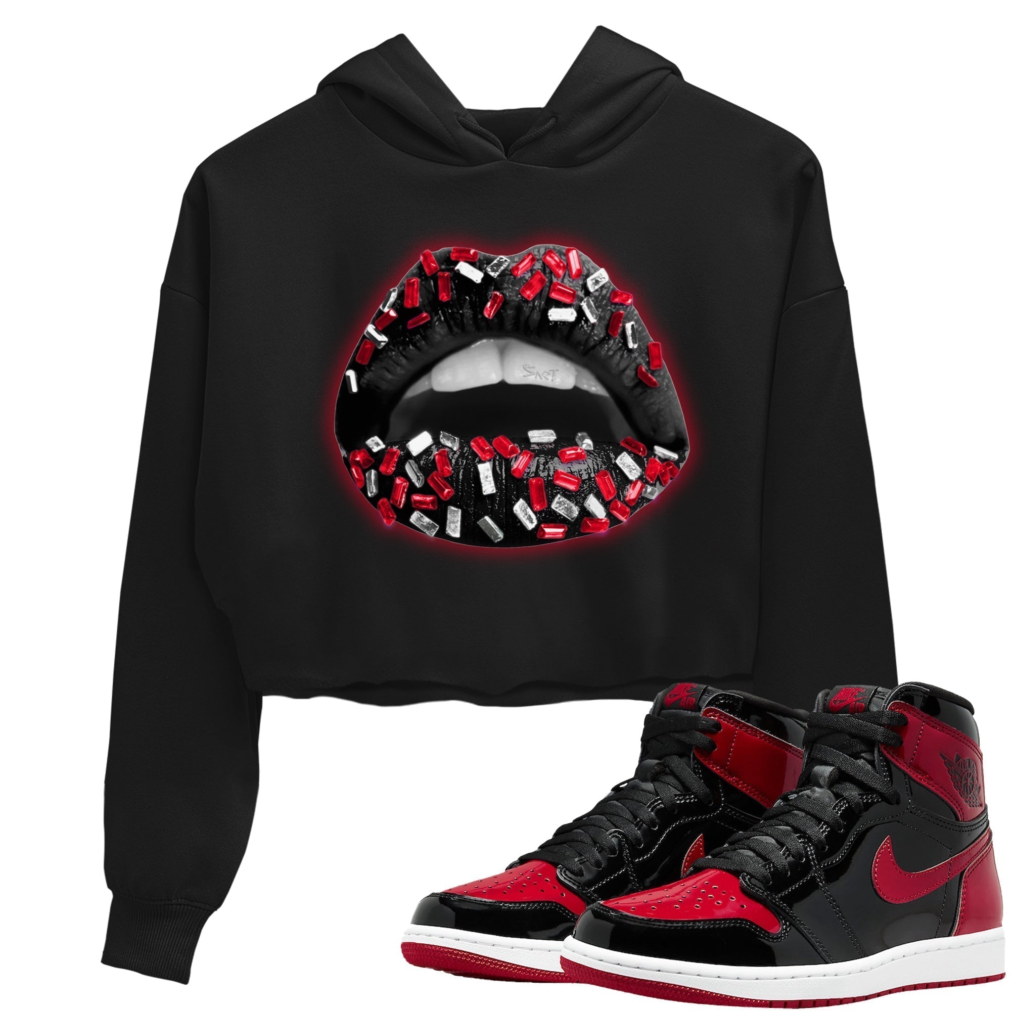 Jordan 1 Bred Patent Sneaker Matching T-Shirt Lips Jewel Sneaker Tees Jordan 1 Bred Patent Sneaker Release Tees Women's Shirts