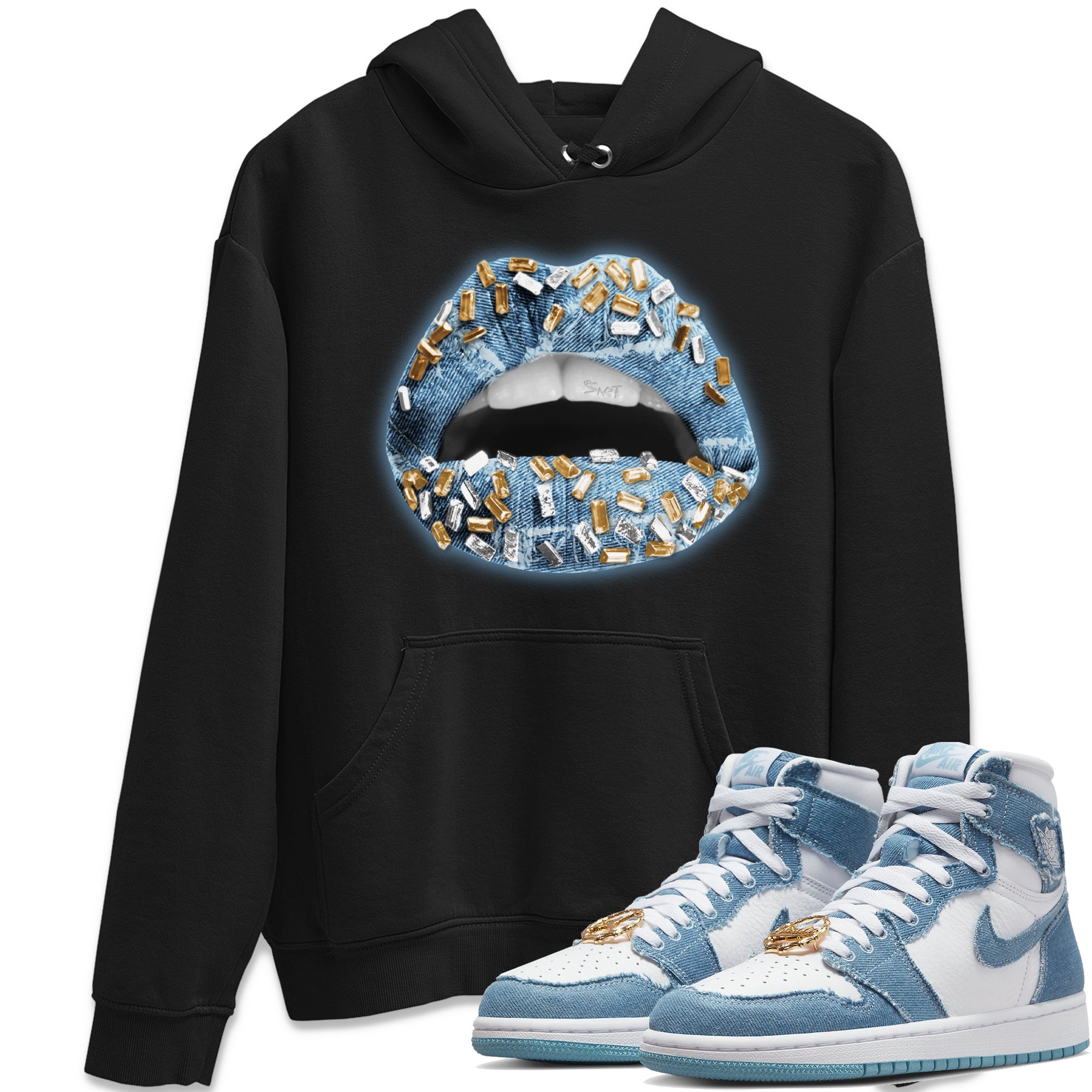 Jordan 1 Denim Sneaker Matching T-Shirt Lips Jewel Sneaker Tees Jordan 1 Denim Sneaker Release Tees Crew Neck Tees