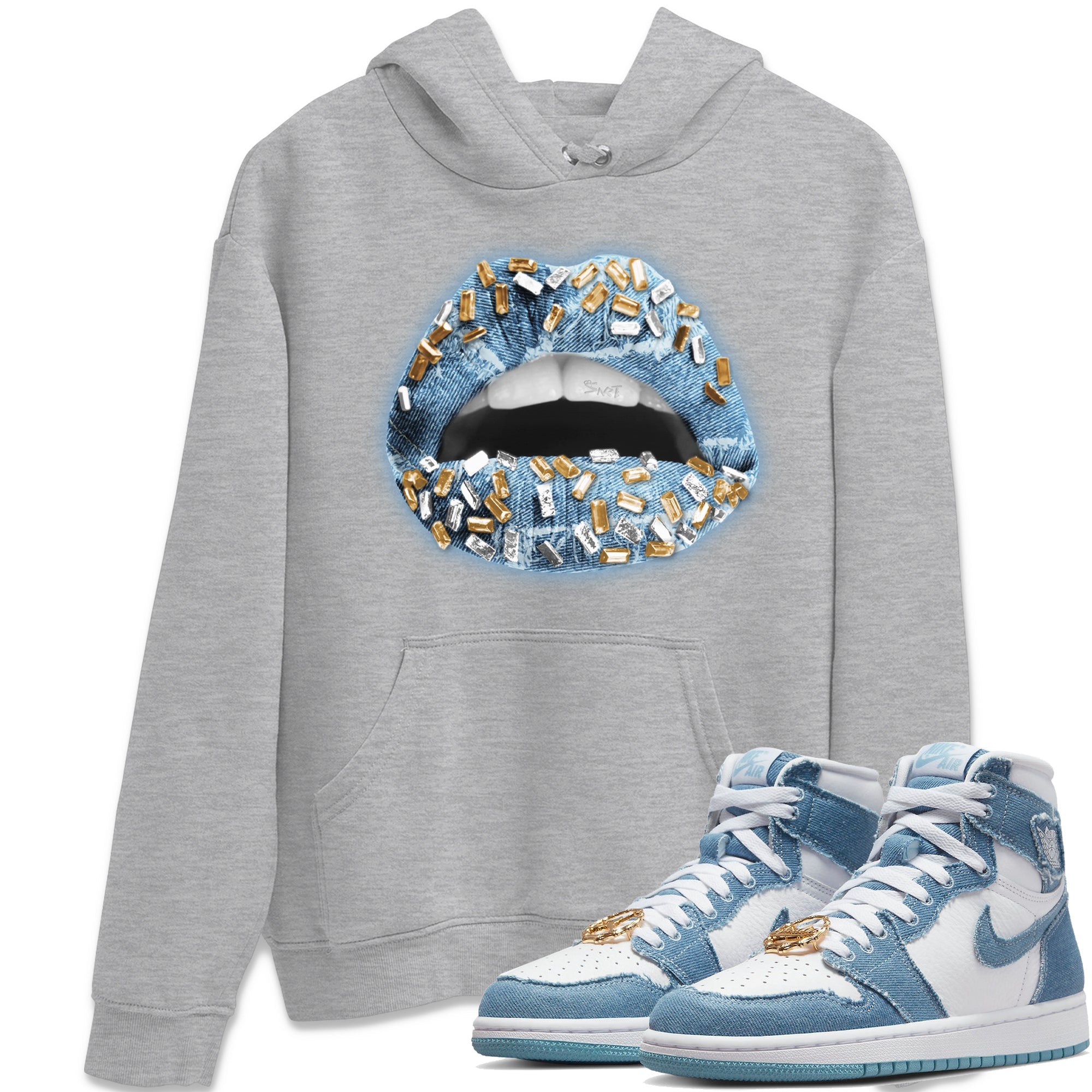 Jordan 1 Denim Sneaker Matching T-Shirt Lips Jewel Sneaker Tees Jordan 1 Denim Sneaker Release Tees Crew Neck Tees