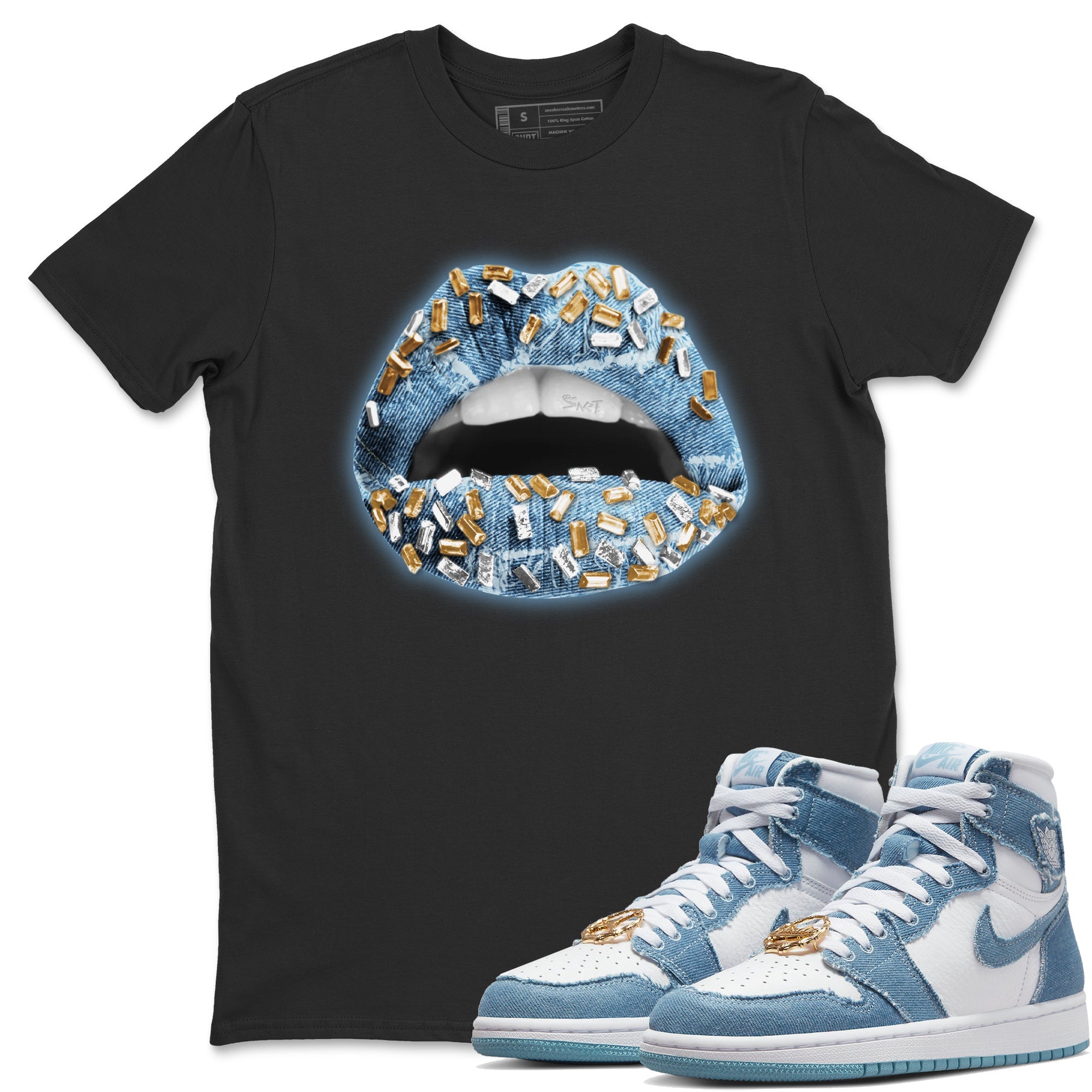 Jordan 1 Denim Sneaker Matching T-Shirt Lips Jewel Sneaker Tees Jordan 1 Denim Sneaker Release Tees Crew Neck Tees