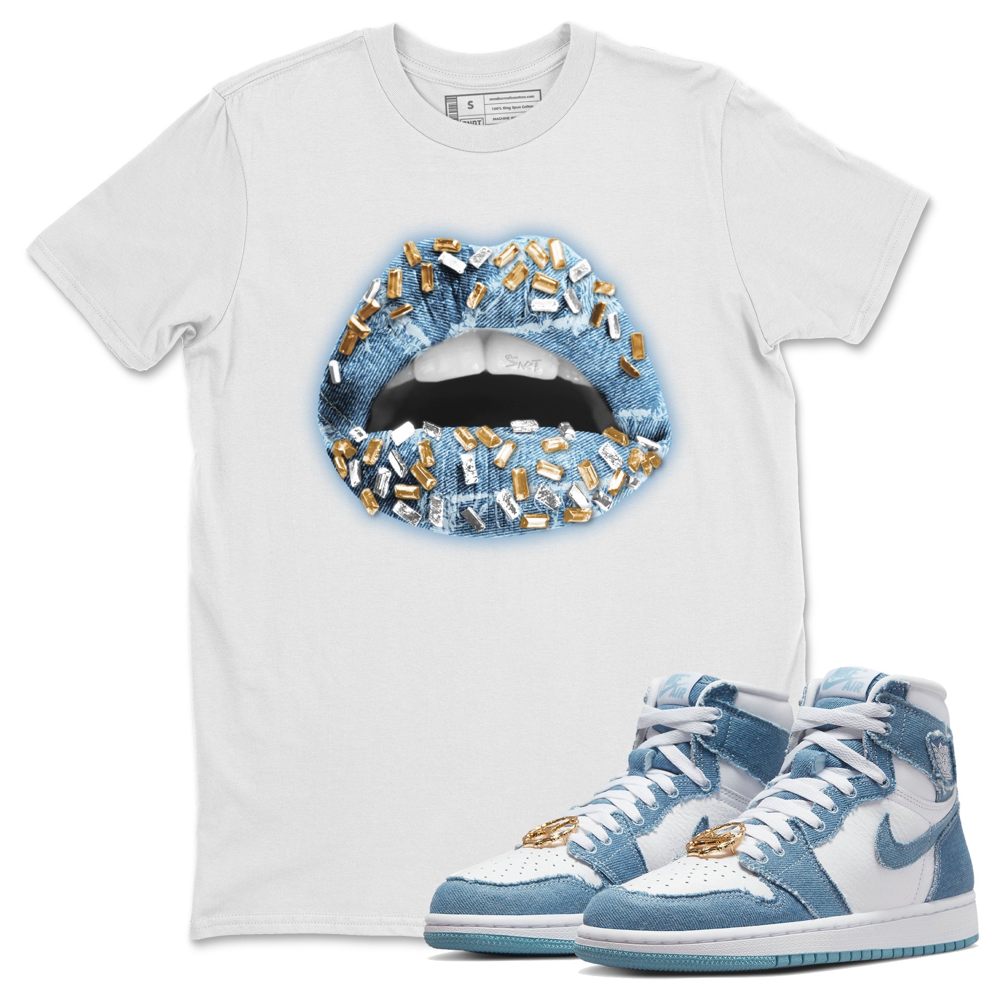 Jordan 1 Denim Sneaker Matching T-Shirt Lips Jewel Sneaker Tees Jordan 1 Denim Sneaker Release Tees Crew Neck Tees