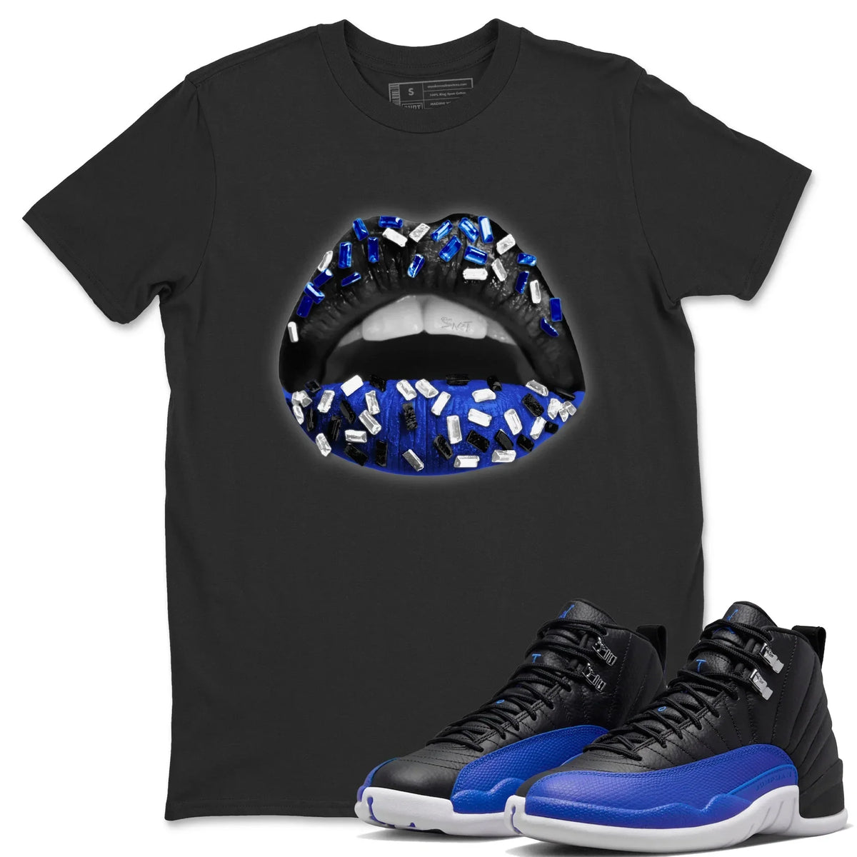 Jordan 12 Hyper Royal Sneaker Matching T-Shirt Lips Jewel Sneaker Tees Jordan 12 Hyper Royal Sneaker Release Tees Crew Neck Tees