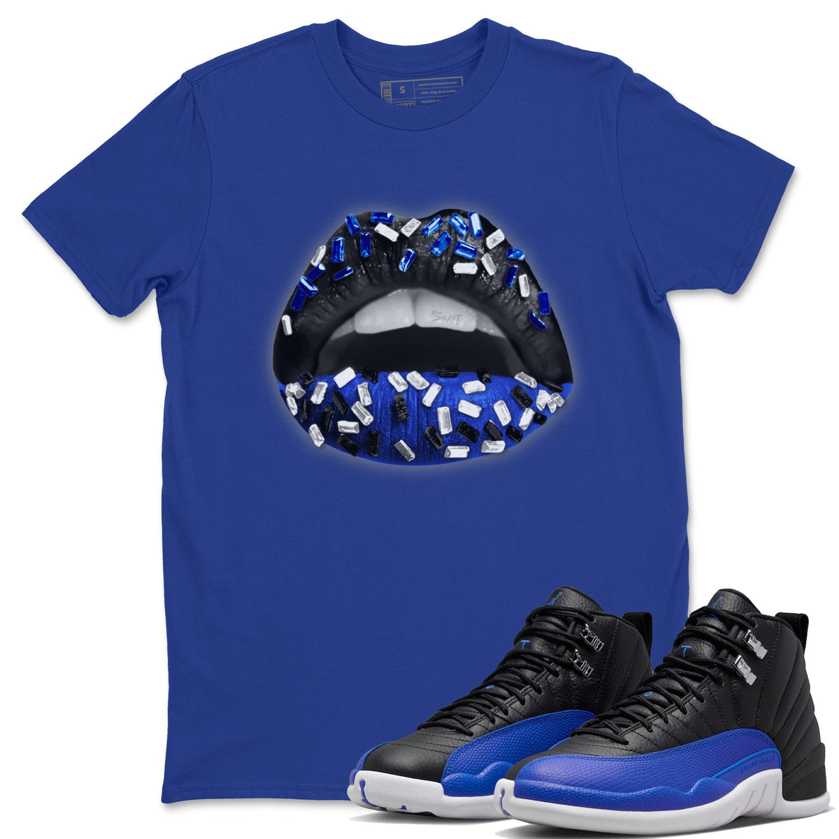 Jordan 12 Hyper Royal Sneaker Matching T-Shirt Lips Jewel Sneaker Tees Jordan 12 Hyper Royal Sneaker Release Tees Crew Neck Tees