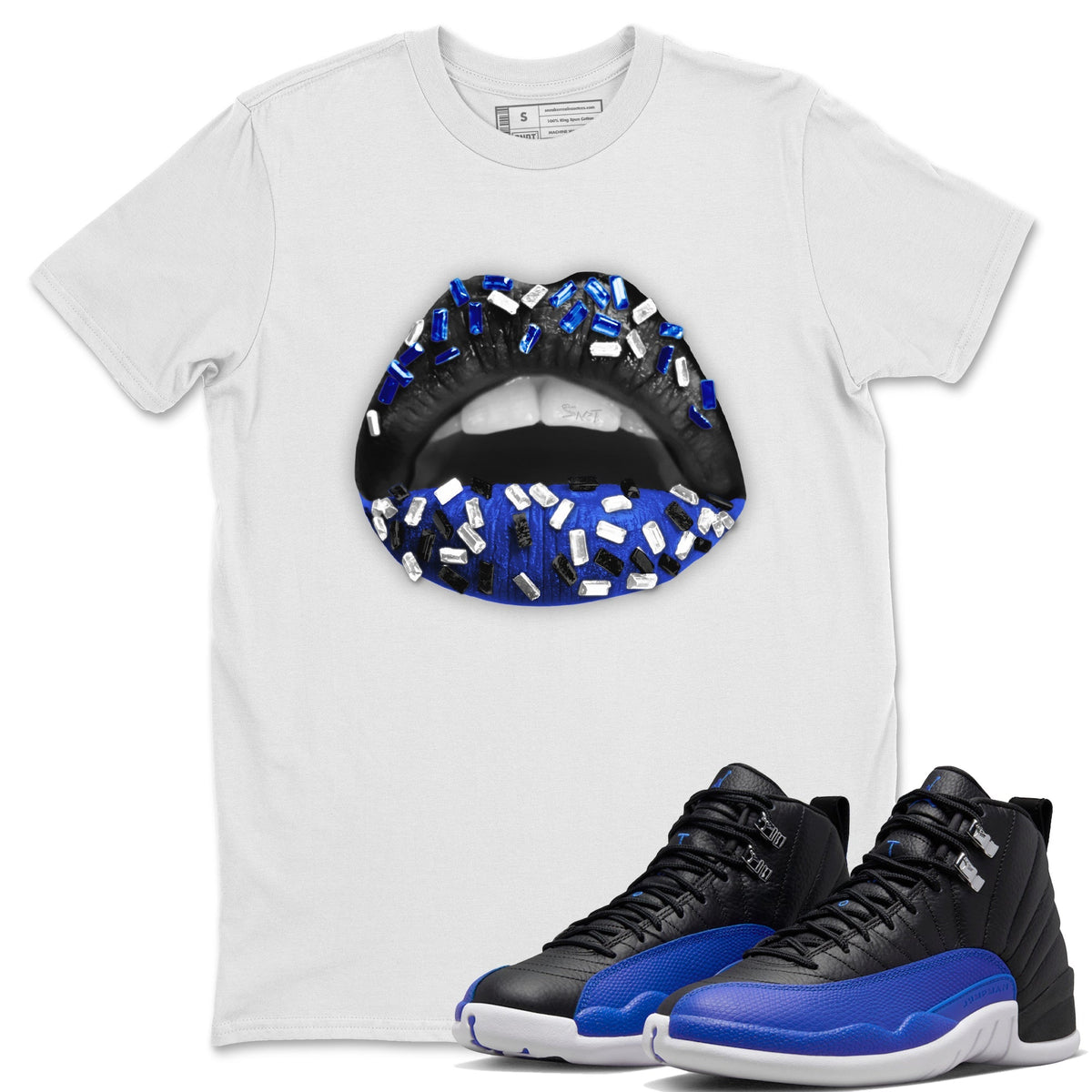 Jordan 12 Hyper Royal Sneaker Matching T-Shirt Lips Jewel Sneaker Tees Jordan 12 Hyper Royal Sneaker Release Tees Crew Neck Tees