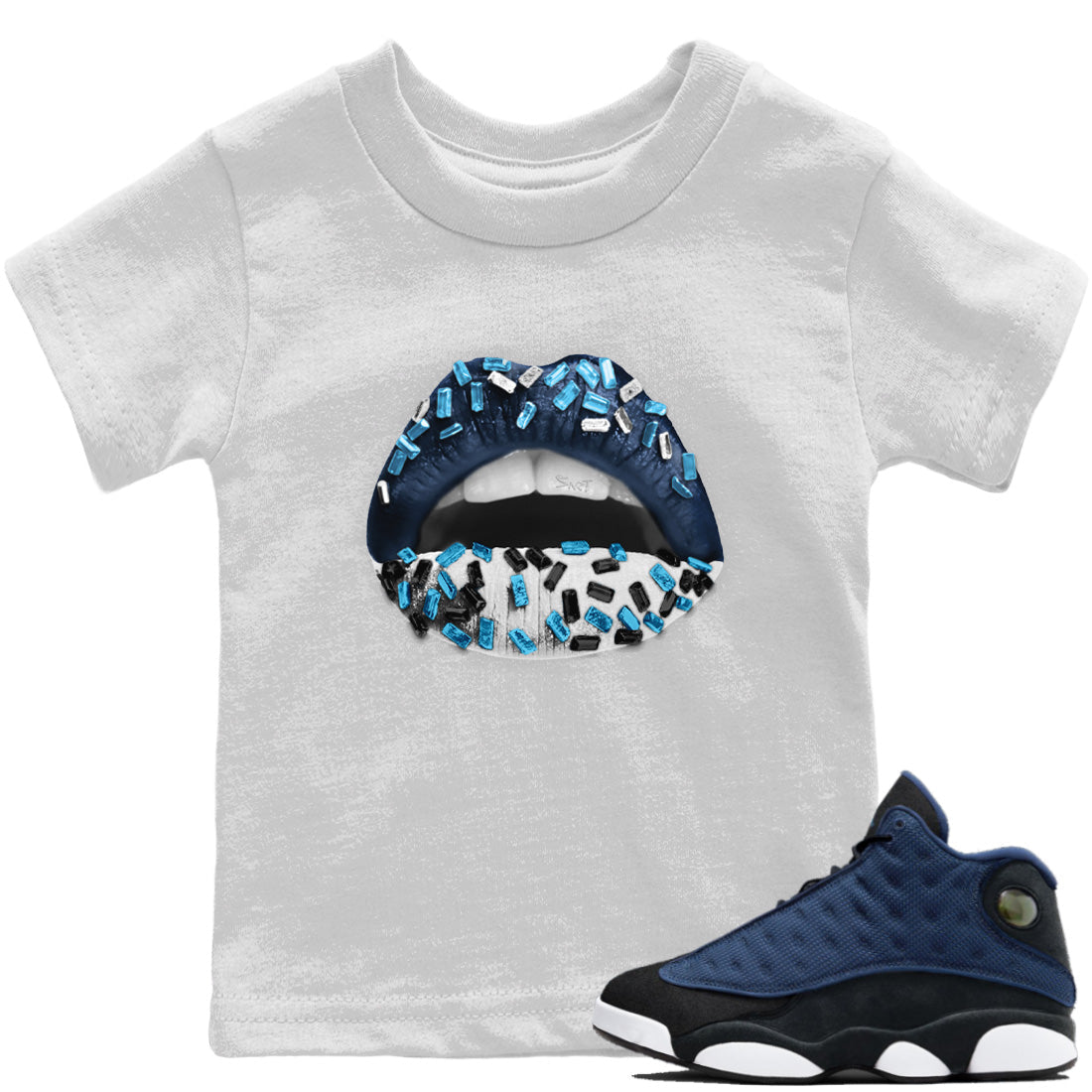 Jordan 13 Brave Blue Sneaker Matching T-Shirt Lips Jewel Sneaker Tees Jordan 13 Brave Blue Sneaker Release Tees Kids Shirts