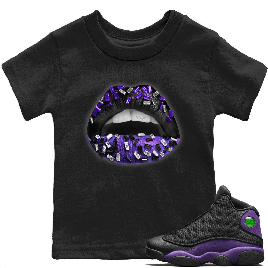 Jordan 13 Court Purple Sneaker Matching T-Shirt Lips Jewel Sneaker Tees Jordan 13 Court Purple Sneaker Release Tees Kids Shirts