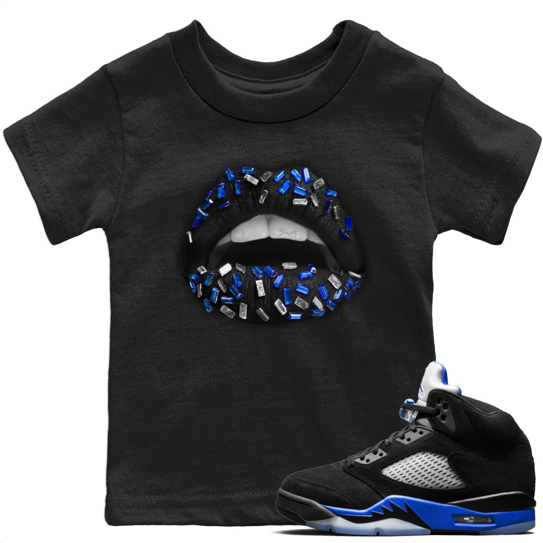 Jordan 5 Racer Blue Sneaker Matching T-Shirt Lips Jewel Sneaker Tees Jordan 5 Racer Blue Sneaker Release Tees Kids Shirts