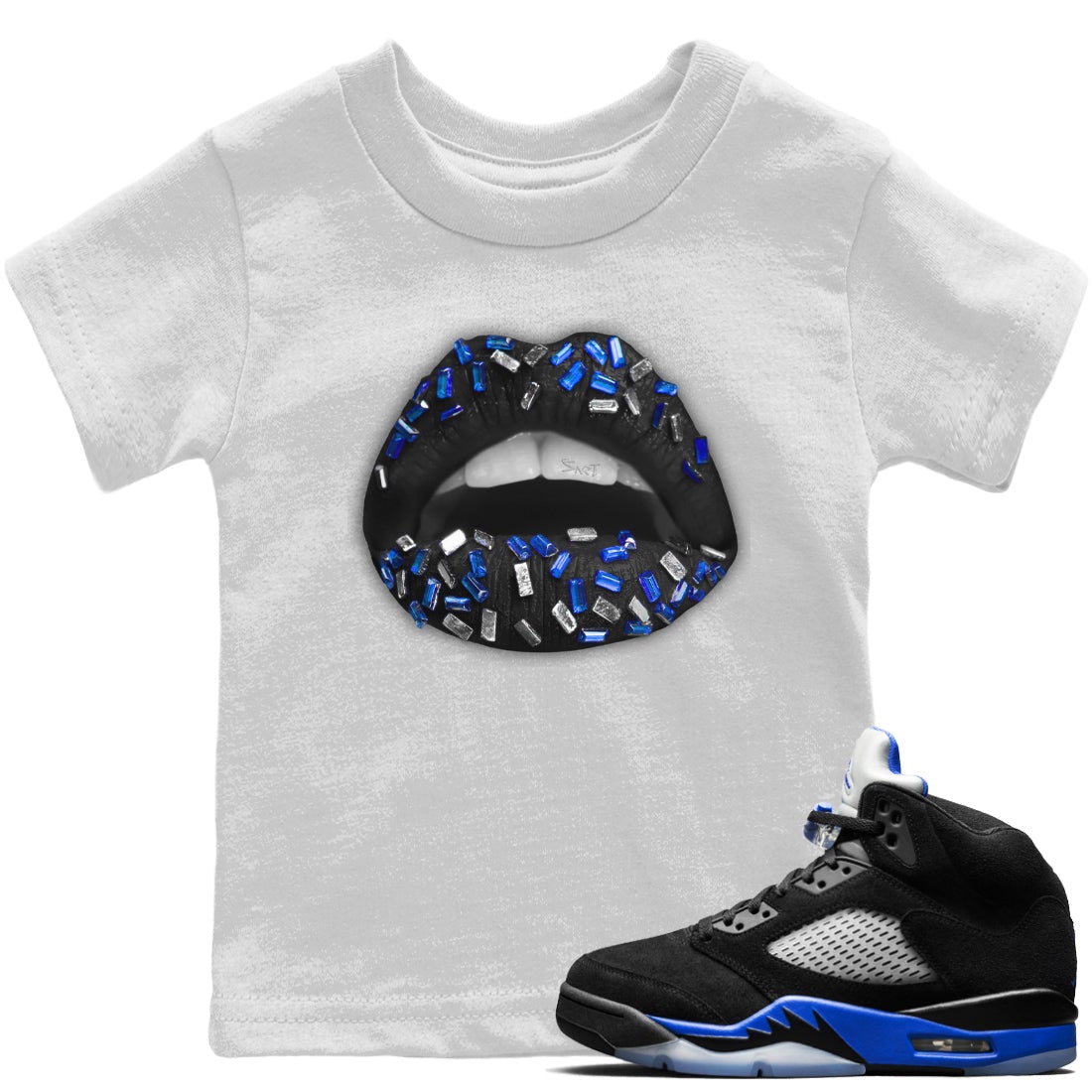 Jordan 5 Racer Blue Sneaker Matching T-Shirt Lips Jewel Sneaker Tees Jordan 5 Racer Blue Sneaker Release Tees Kids Shirts