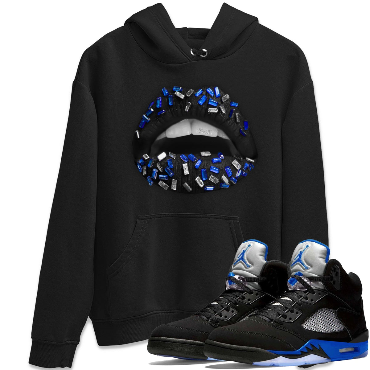 Jordan 5 Racer Blue Sneaker Matching T-Shirt Lips Jewel Sneaker Tees Jordan 5 Racer Blue Sneaker Release Tees Crew Neck Tees