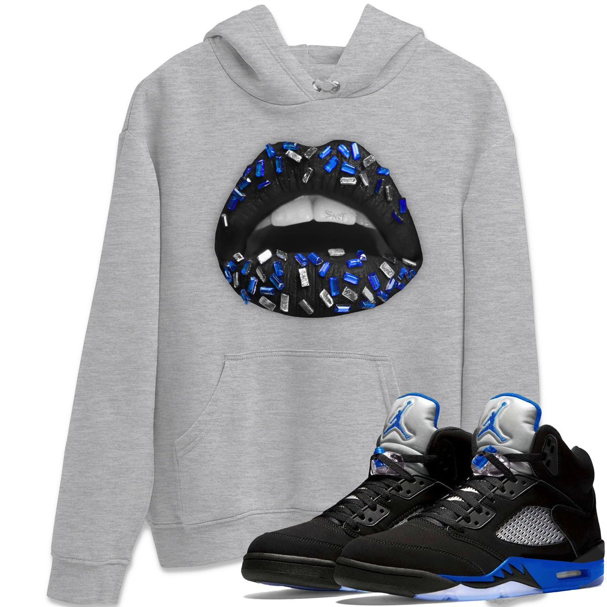 Jordan 5 Racer Blue Sneaker Matching T-Shirt Lips Jewel Sneaker Tees Jordan 5 Racer Blue Sneaker Release Tees Crew Neck Tees