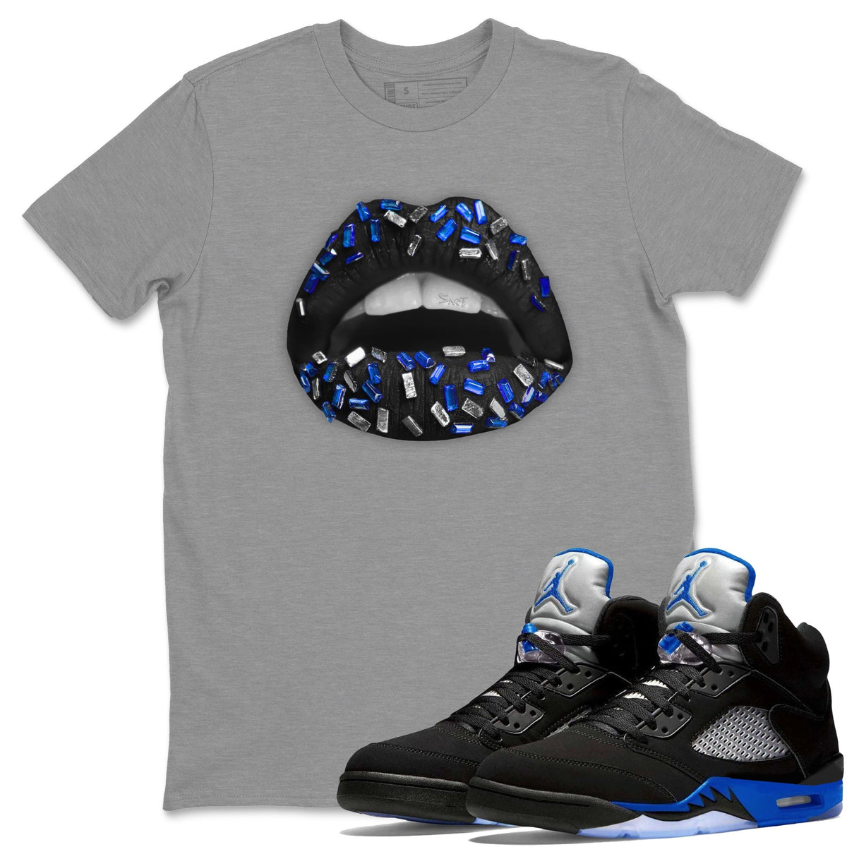 Jordan 5 Racer Blue Sneaker Matching T-Shirt Lips Jewel Sneaker Tees Jordan 5 Racer Blue Sneaker Release Tees Crew Neck Tees