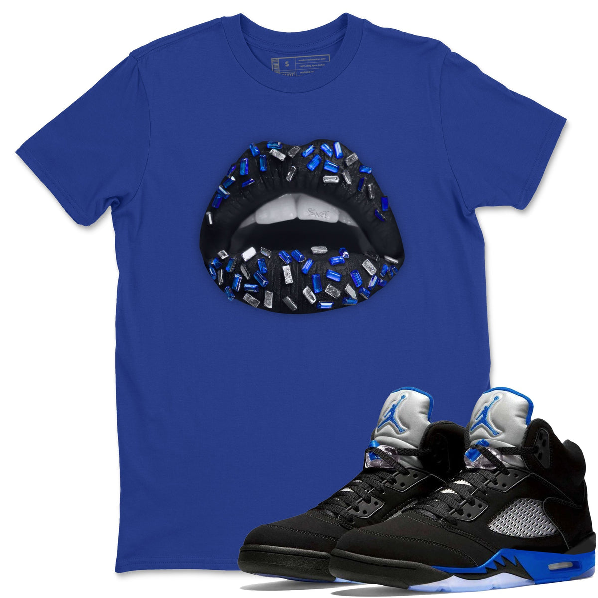 Jordan 5 Racer Blue Sneaker Matching T-Shirt Lips Jewel Sneaker Tees Jordan 5 Racer Blue Sneaker Release Tees Crew Neck Tees