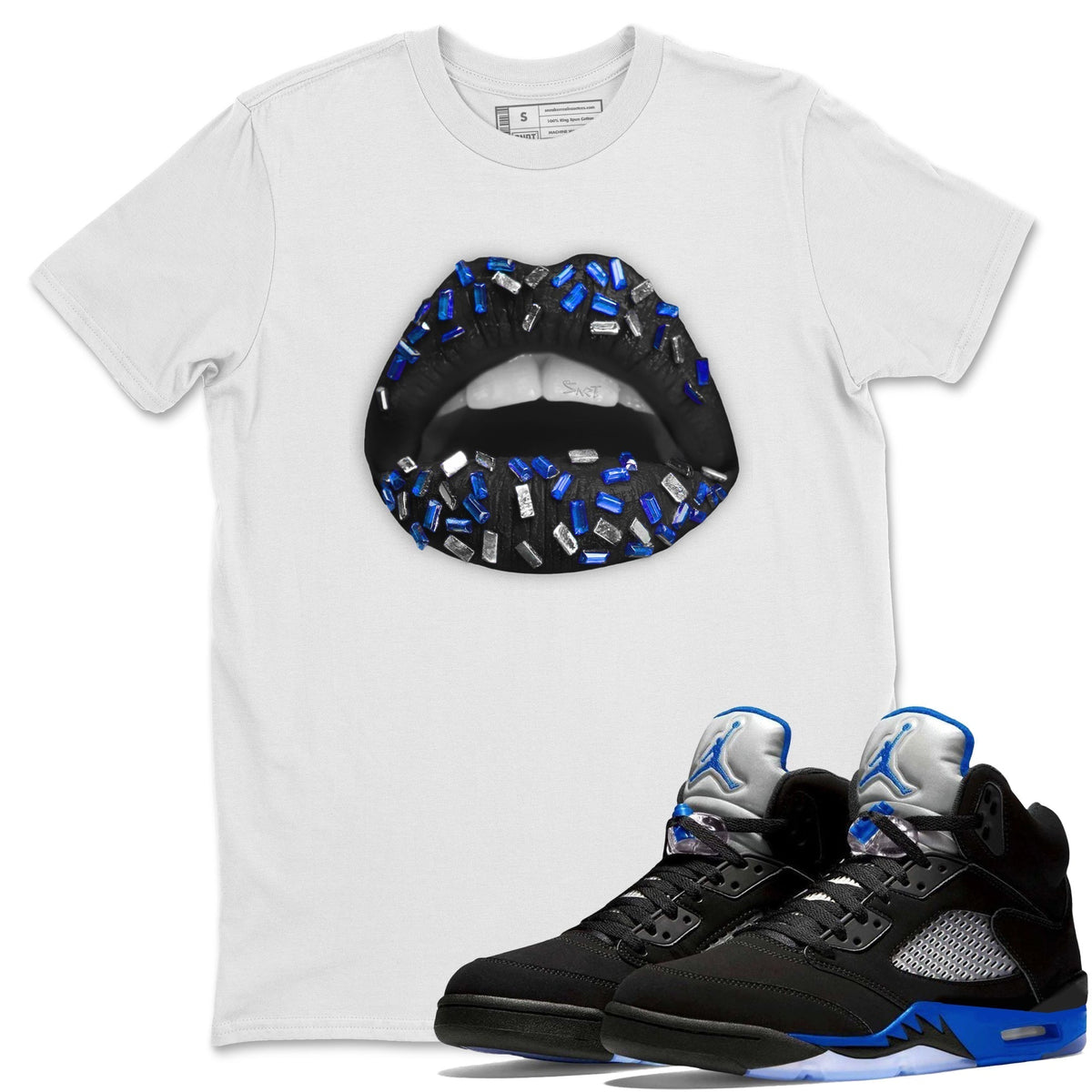 Jordan 5 Racer Blue Sneaker Matching T-Shirt Lips Jewel Sneaker Tees Jordan 5 Racer Blue Sneaker Release Tees Crew Neck Tees