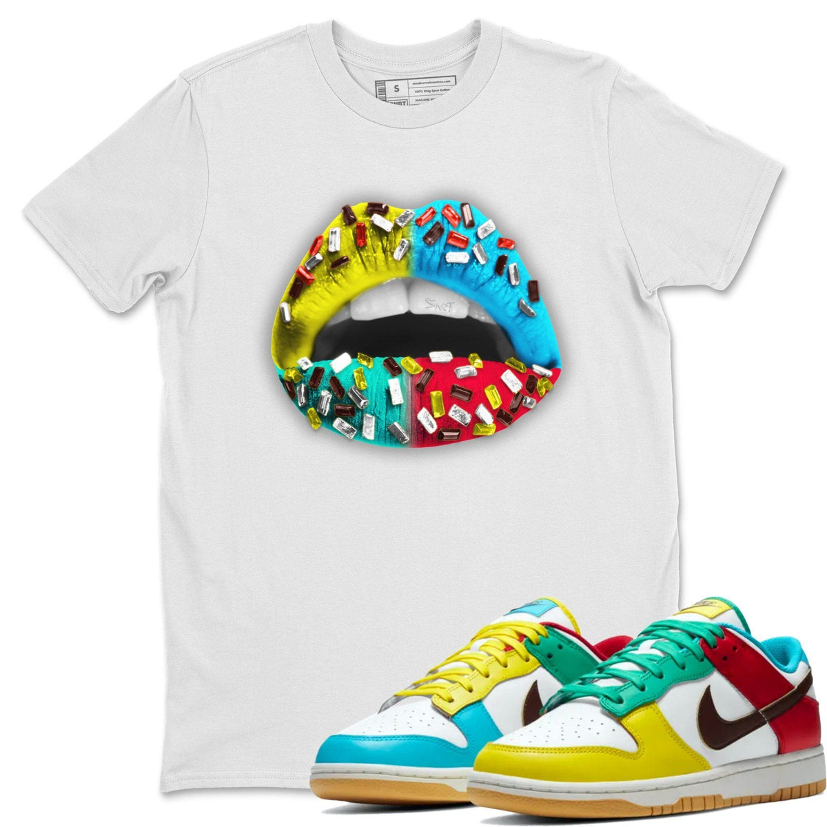 Dunk Free 99 White Sneaker Match Tees Lips Jewel Sneaker Tees Dunk Free 99 White Jordan to match sneaker T-Shirt Crew Neck Shirts