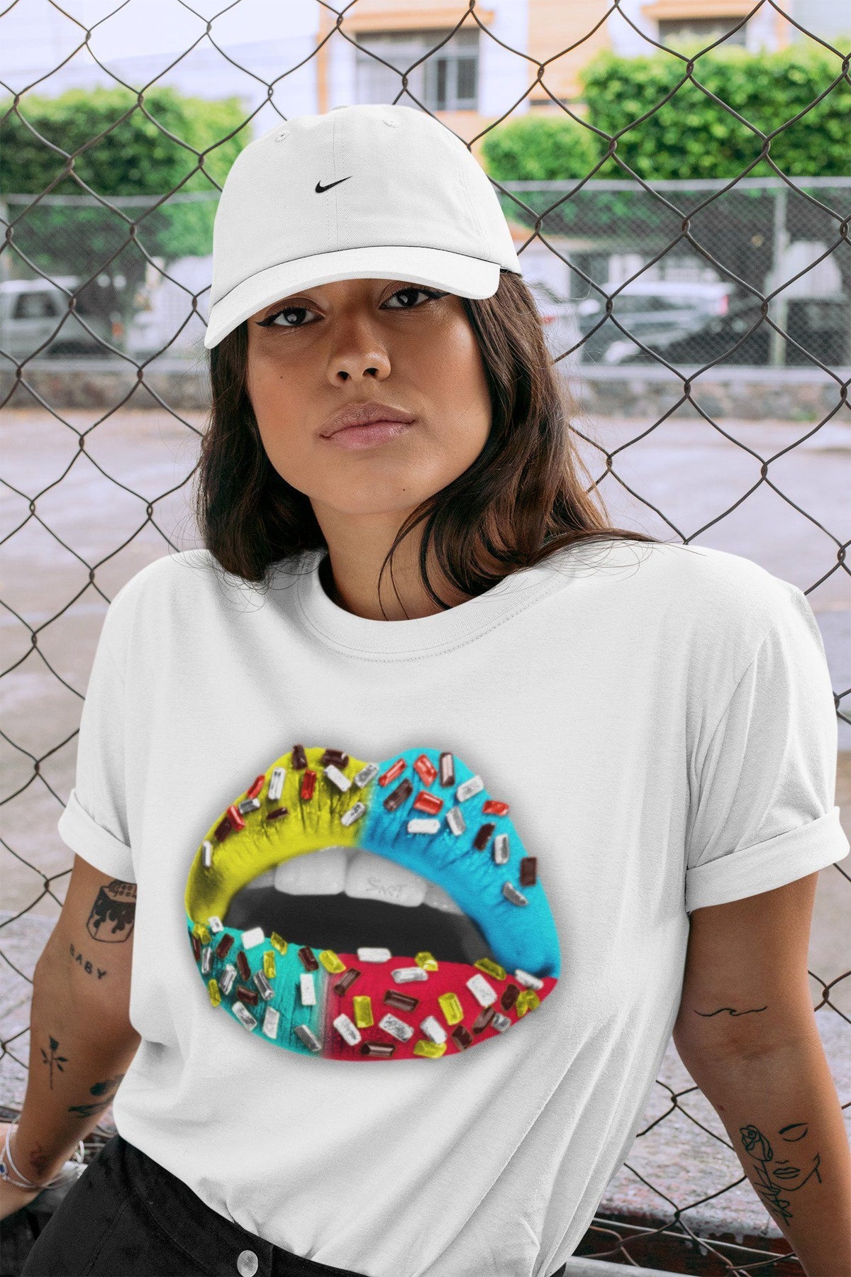 Dunk Free 99 White Sneaker Match Tees Lips Jewel Sneaker Tees Dunk Free 99 White Jordan to match sneaker T-Shirt Crew Neck Shirts