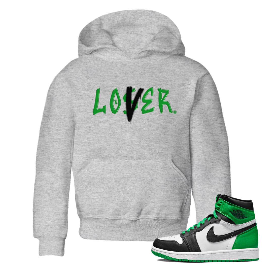 Air Jordan 1 Celtics Sneaker Match Tees Loser Lover Streetwear Sneaker Shirt Air Jordan 1 Lucky Green Celtics Tees Kids Shirts Heather Grey 1