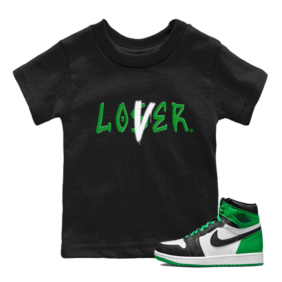Air Jordan 1 Celtics Sneaker Match Tees Loser Lover Streetwear Sneaker Shirt Air Jordan 1 Lucky Green Celtics Tees Kids Shirts Black 1