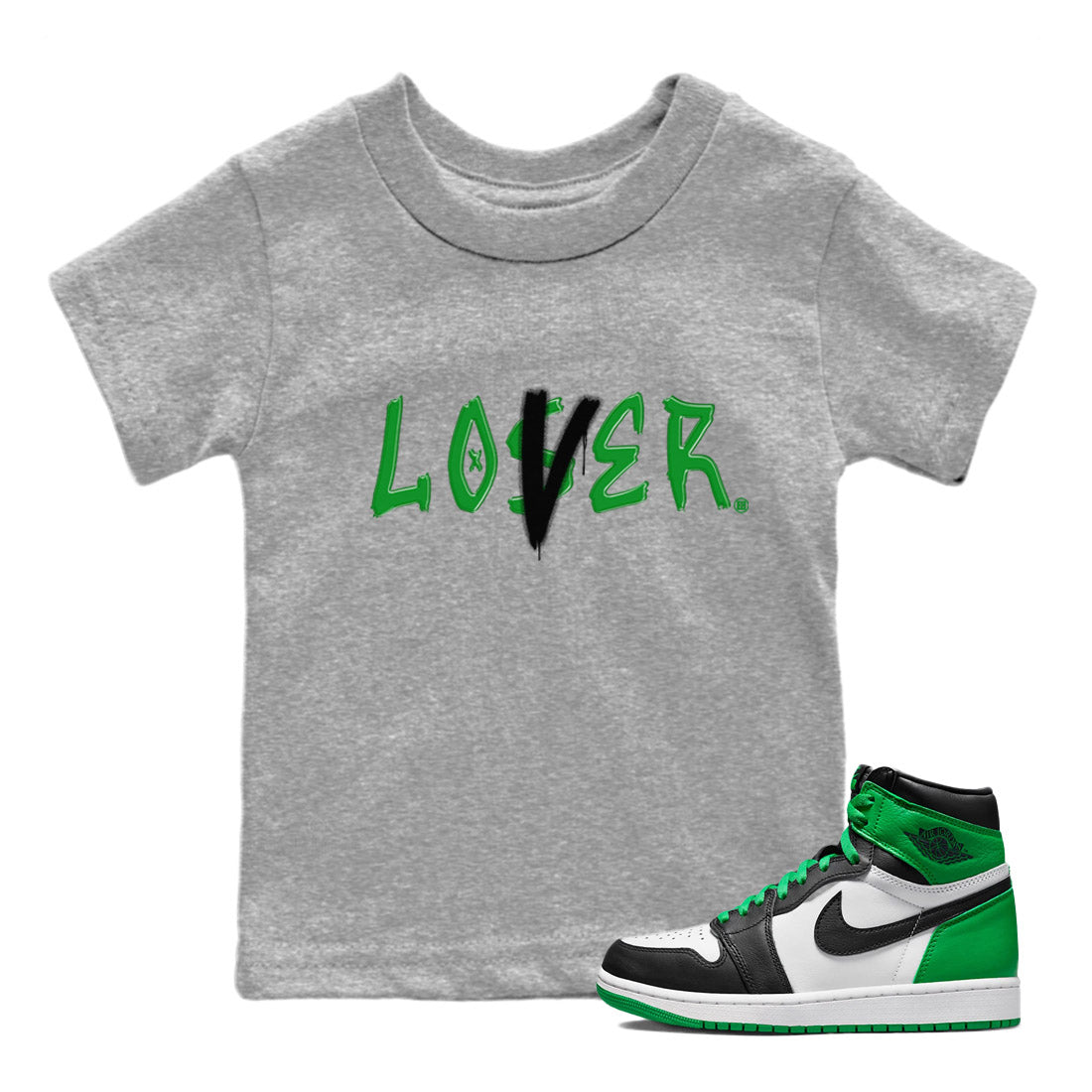 Air Jordan 1 Celtics Sneaker Match Tees Loser Lover Streetwear Sneaker Shirt Air Jordan 1 Lucky Green Celtics Tees Kids Shirts Heather Grey 1