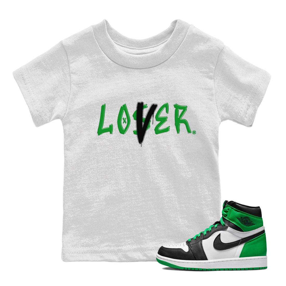 Air Jordan 1 Celtics Sneaker Match Tees Loser Lover Streetwear Sneaker Shirt Air Jordan 1 Lucky Green Celtics Tees Kids Shirts White 1