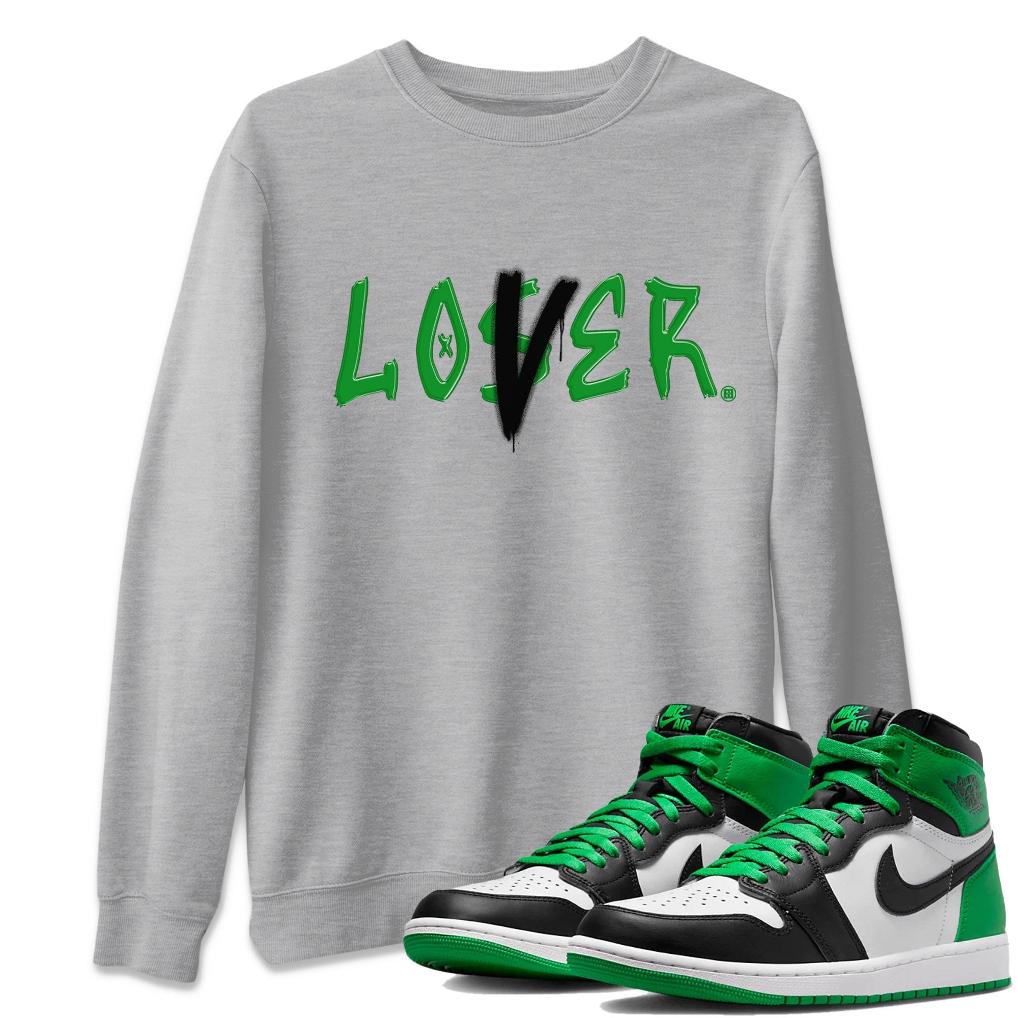 Air Jordan 1 Celtics Sneaker Match Tees Loser Lover Streetwear Sneaker Shirt Air Jordan 1 Lucky Green Celtics Tees Unisex Shirts Heather Grey 1